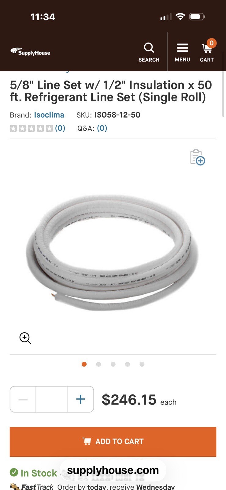 New 5/8” Line Set 1/2” Insulation Copper 5/8” 50’ Isopolar Italy ISO58-12-50