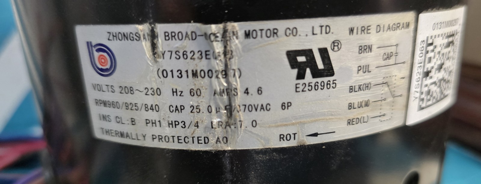 Zhongshan Broad-Ocean Y7S623E063 Blower Motor 3/4HP 208-230V 0131M00297. TESTED