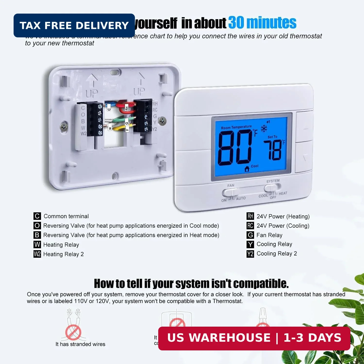 Non Programmable Thermostat for Home – Multi Stage 2H/2C, with Large LCD Display