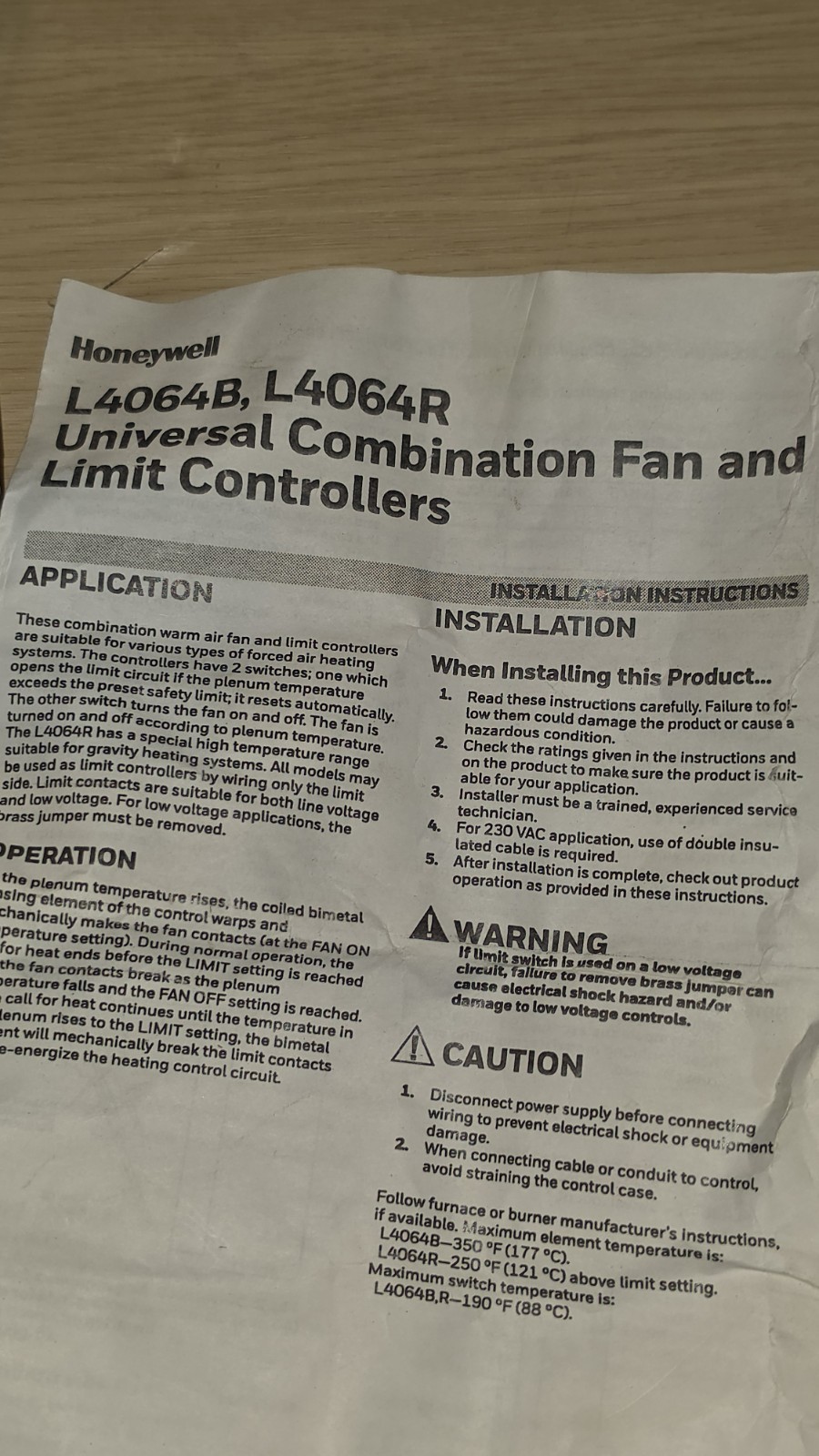 Honeywell (Resideo) L4064B2228 Combination Fan & Limit Control 5″ NEW old Stock