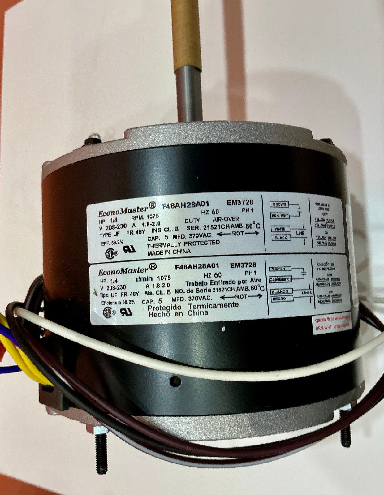 EconoMaster EM3728 Condenser Fan Motor 1/4 HP 1075 RPM 208-230V F48AH28A01 HVAC