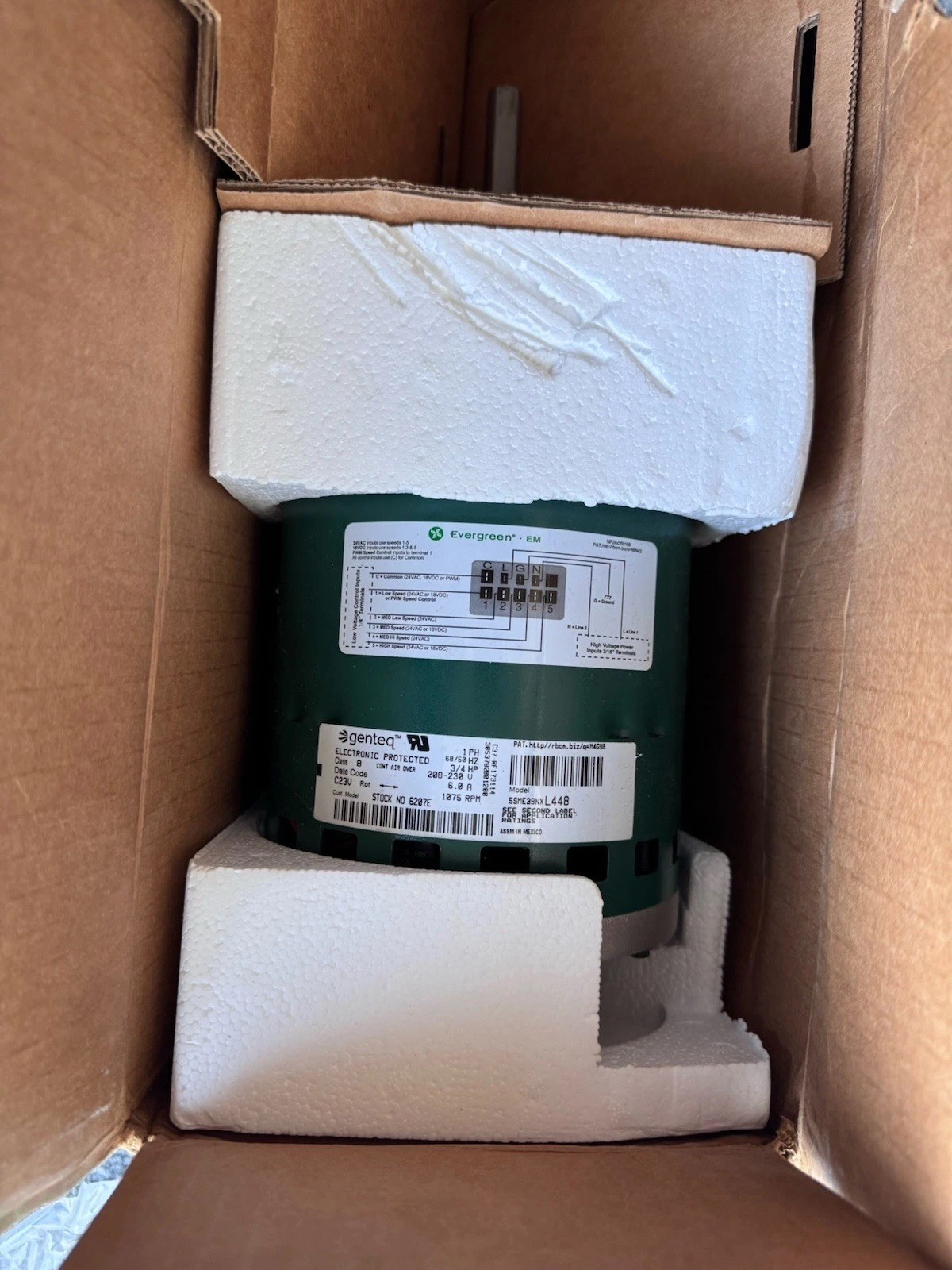 Evergreen EM 1HP ECM Blower Motor 208-230V 1075RPM 6207E Open Box