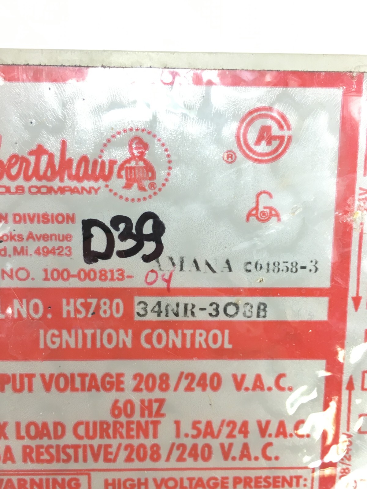 Robertshaw HS780 34NR-308B 100-00813-04 Amana C64858-3 Ign. Cont. Module #D39