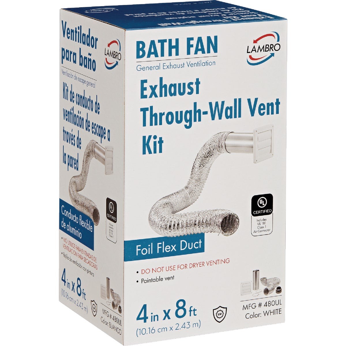 Lambro 4 In. x 8 Ft. Air Connector White Louvered Exhaust Through-Wall Bath Fan