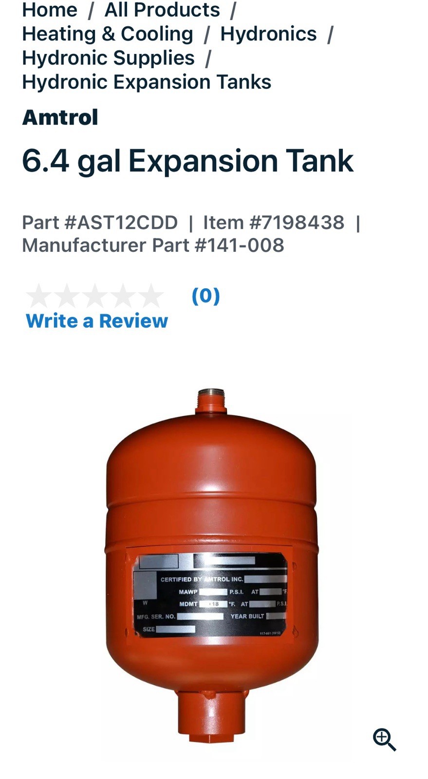 Amtrol St-5 Thermal Expansion Tank. 6 Gallon New Open Box