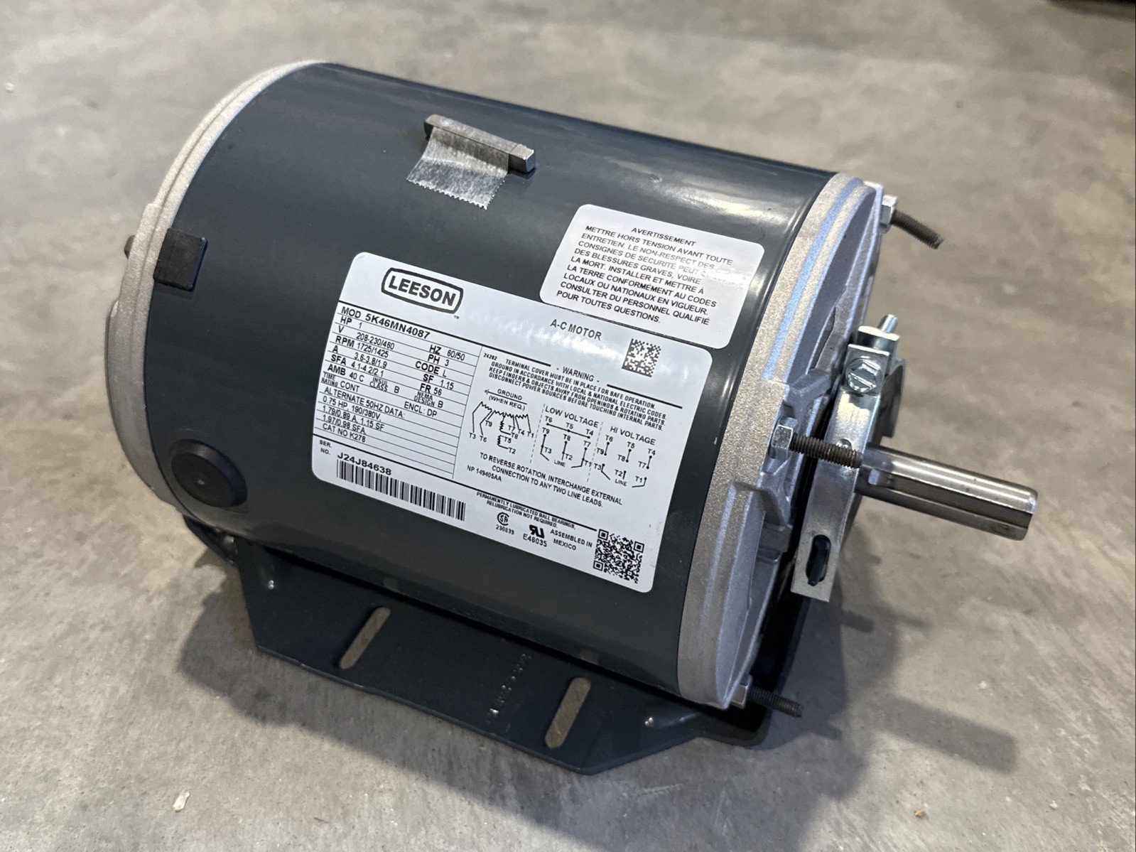 LEESON ,5K46MN4087 HVAC MOTOR, 1 HP, 208-230/460V AC, 3-PHASE, 490T72,