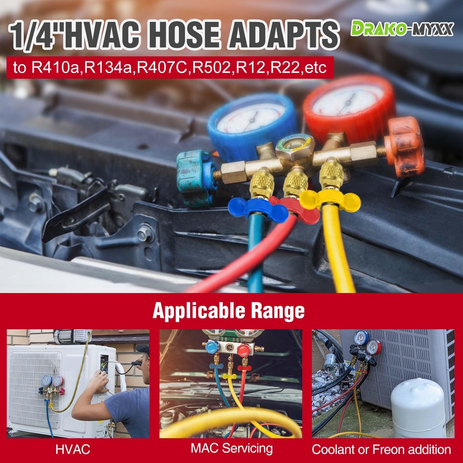 Upgrade N6HVAC Refrigerant Hoses, 1/4″ HVAC Hose 72 inches, Yellow/Red/Blue