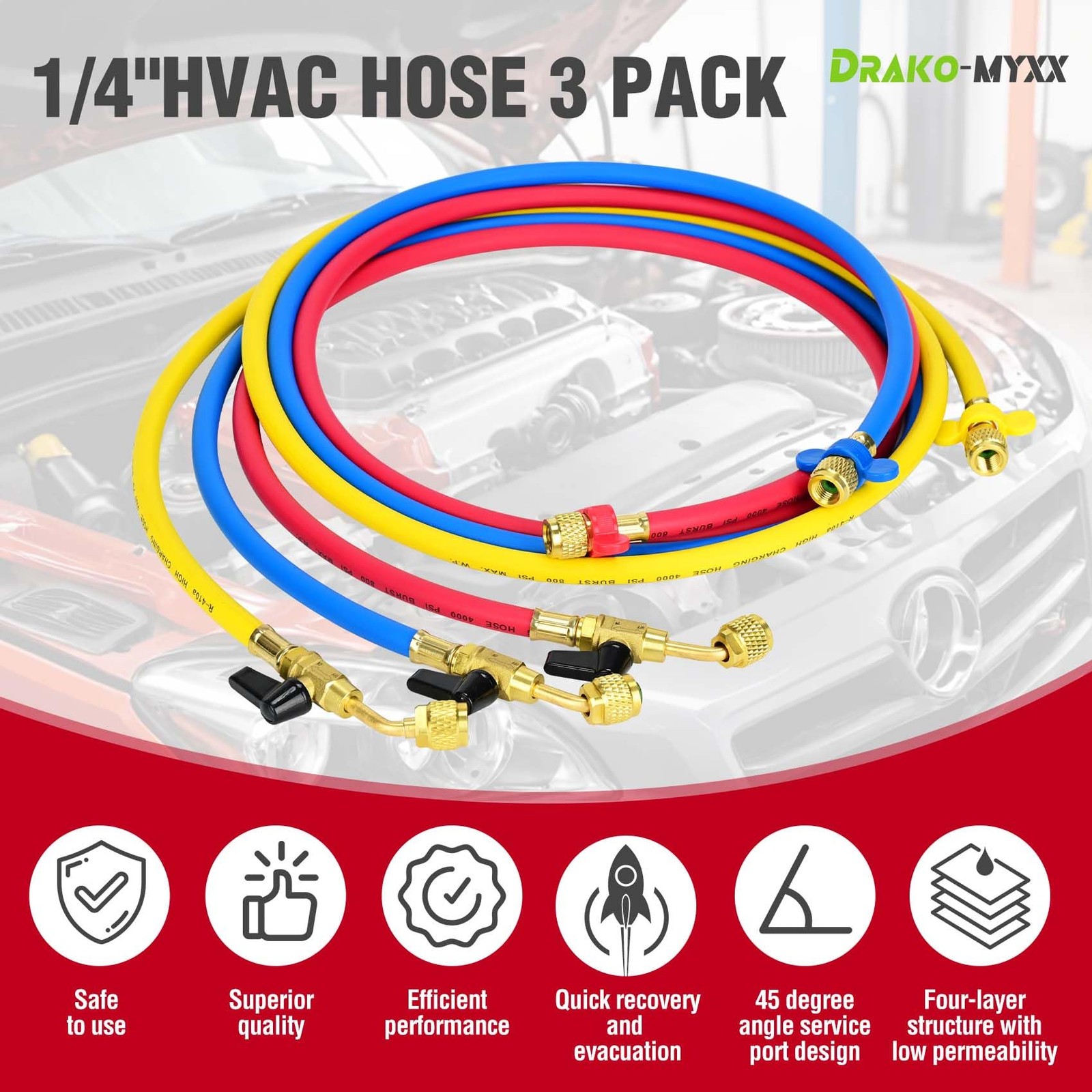 Upgrade N6HVAC Refrigerant Hoses, 1/4″ HVAC Hose 72 inches, Yellow/Red/Blue