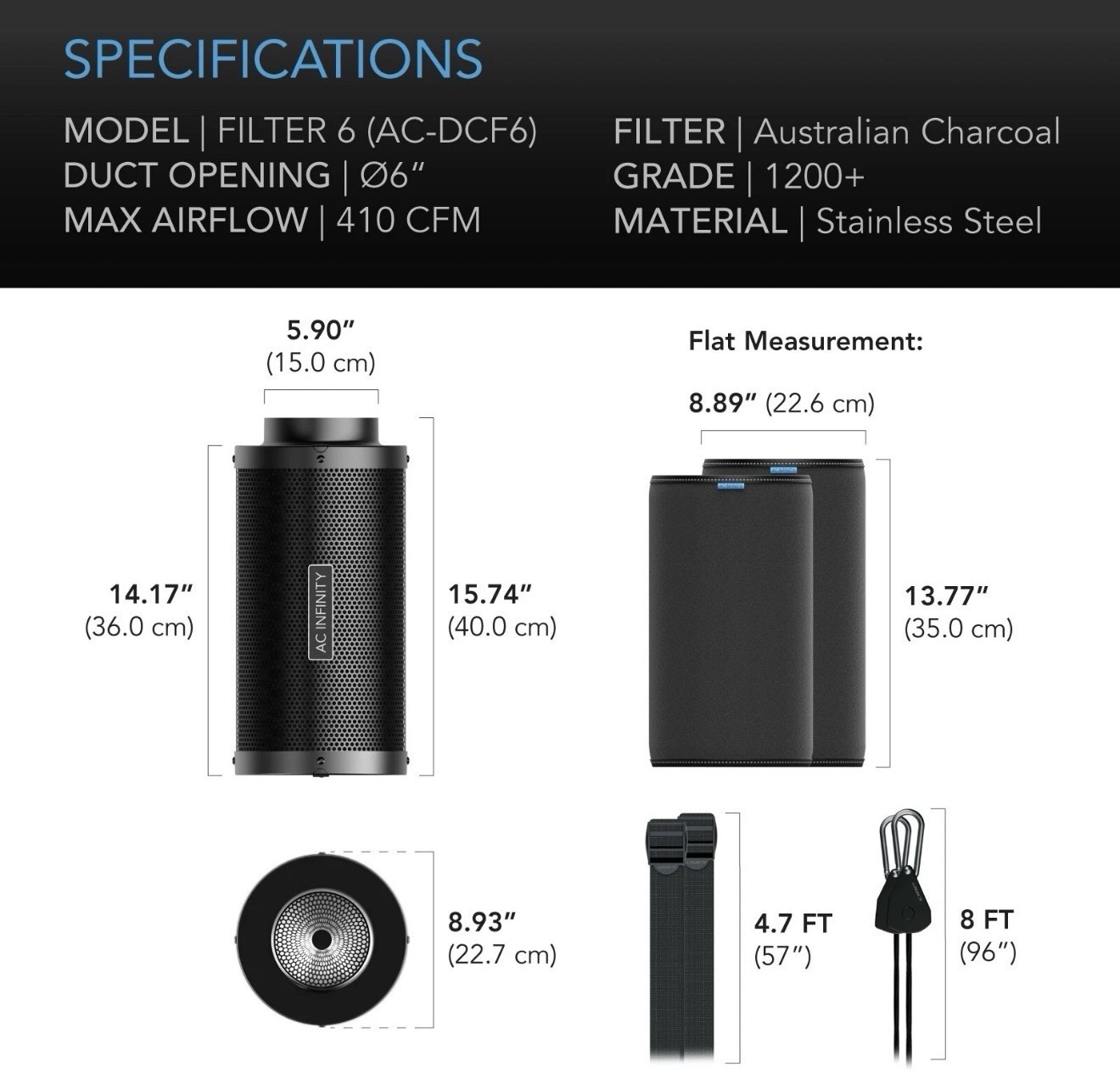 Air Carbon Filter 6″, Australian Charcoal, Odor Control, Hydroponics, Grow Rooms