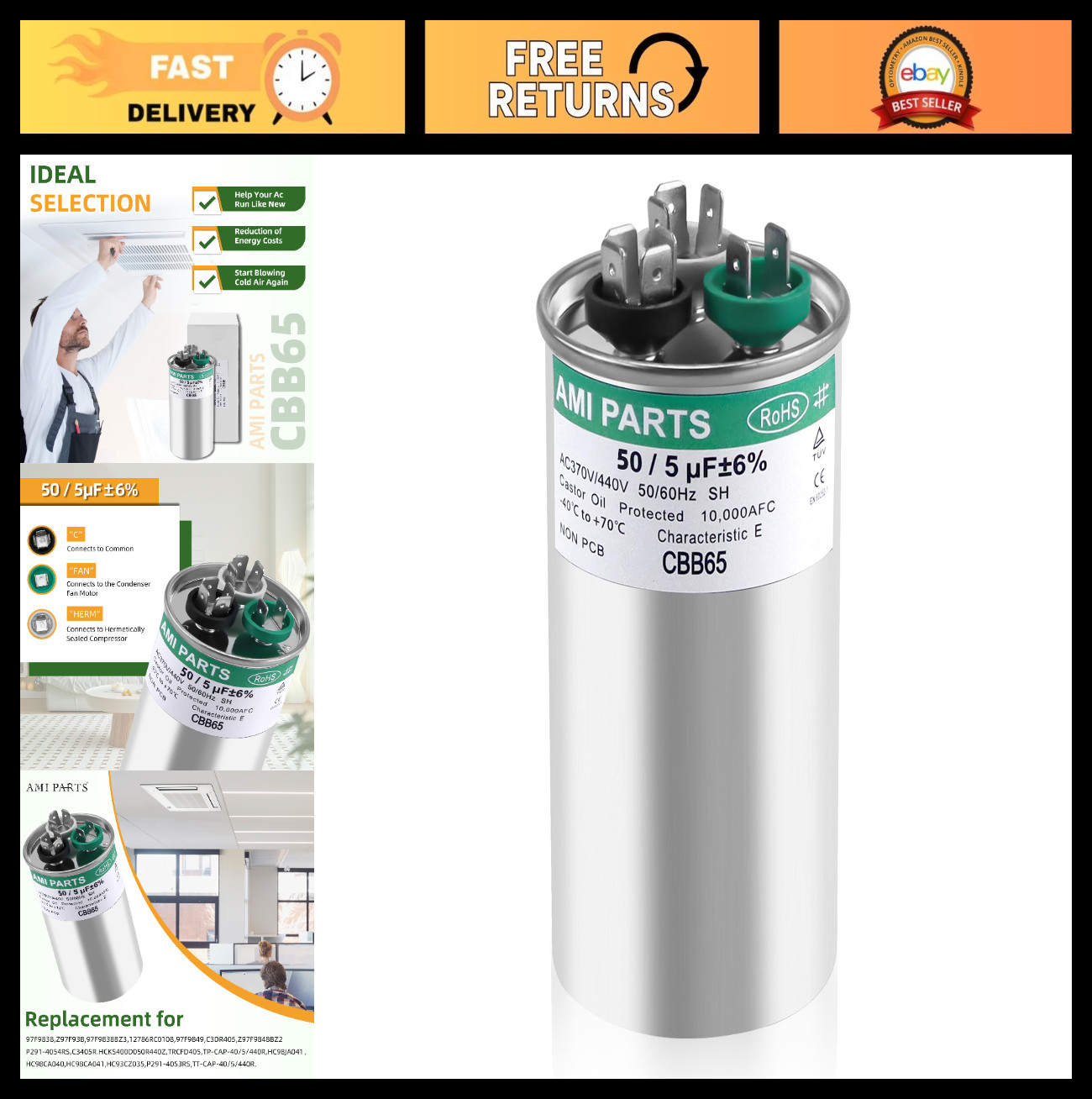 50/5 MFD Dual Run Capacitor 370/440V for Heat Pump, AC, HVAC – CBB65 Replacement
