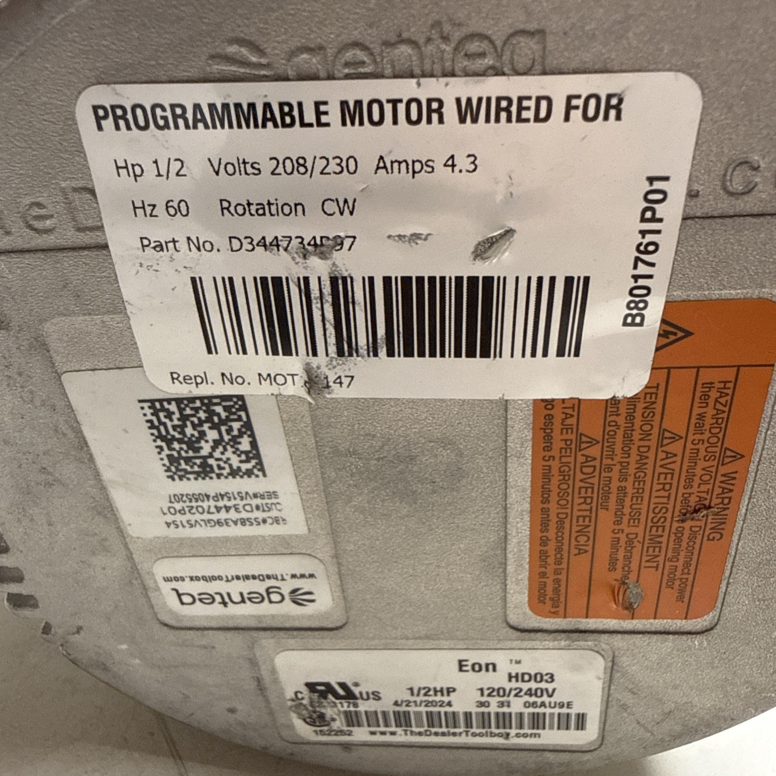 Genteq Trane Eon Programmable Motor 1/2hp 120/240v 5SBA39GL V5154 B801761P01
