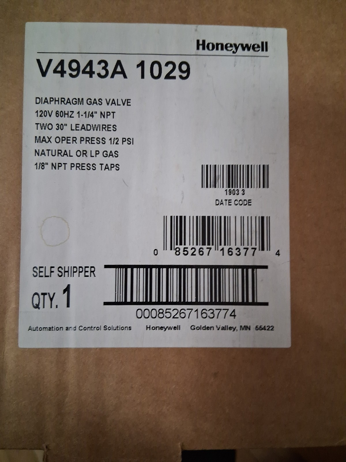 NEW IN BOX! Honeywell 1.25″ DIAPHRAGM 120V, NATURAL OR LP GAS VALVE V4943A 1029