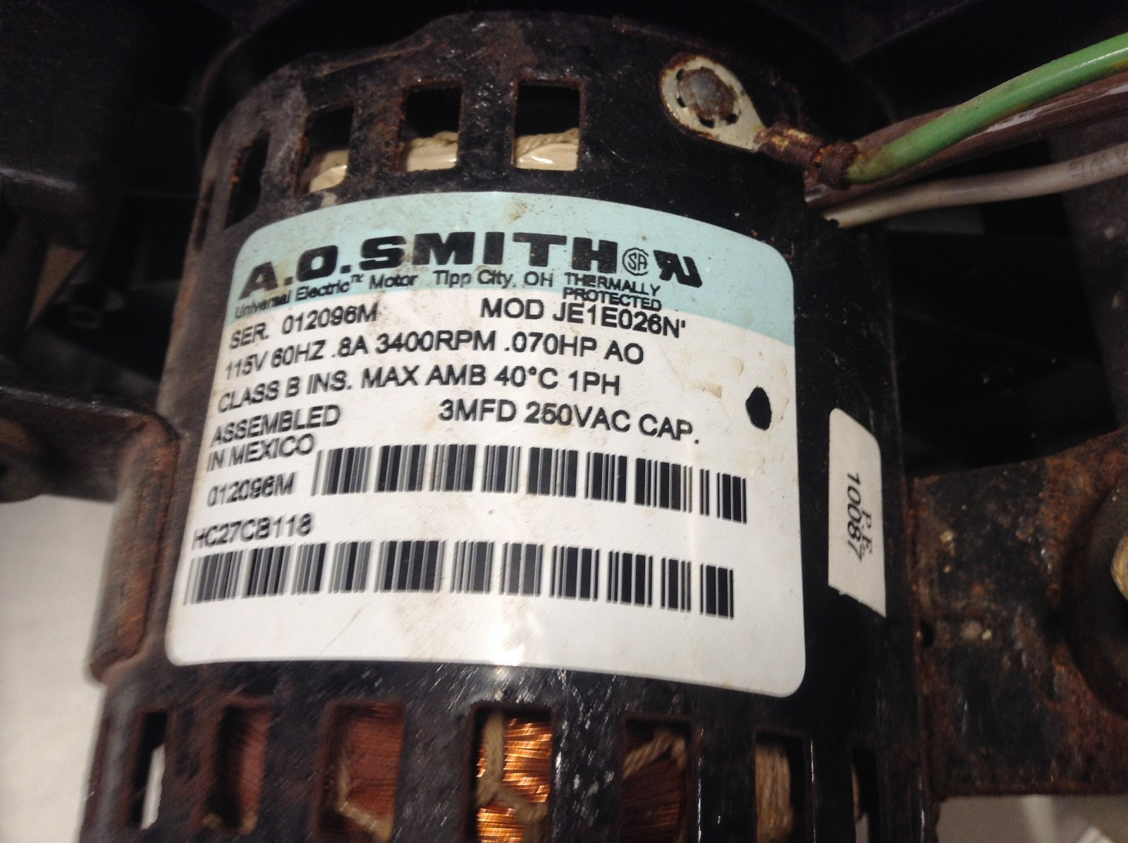 BRYANT CARRIER PAYNE HC27CB118 VENT DRAFT INDUCER MOTOR A.O. SMITH JE1E026N