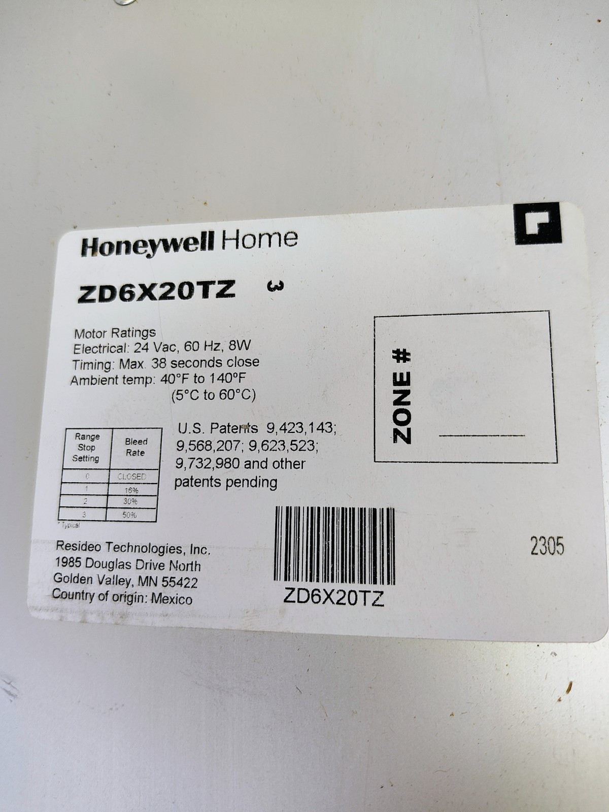 Honeywell TrueZone ZD6X20TZ Damper