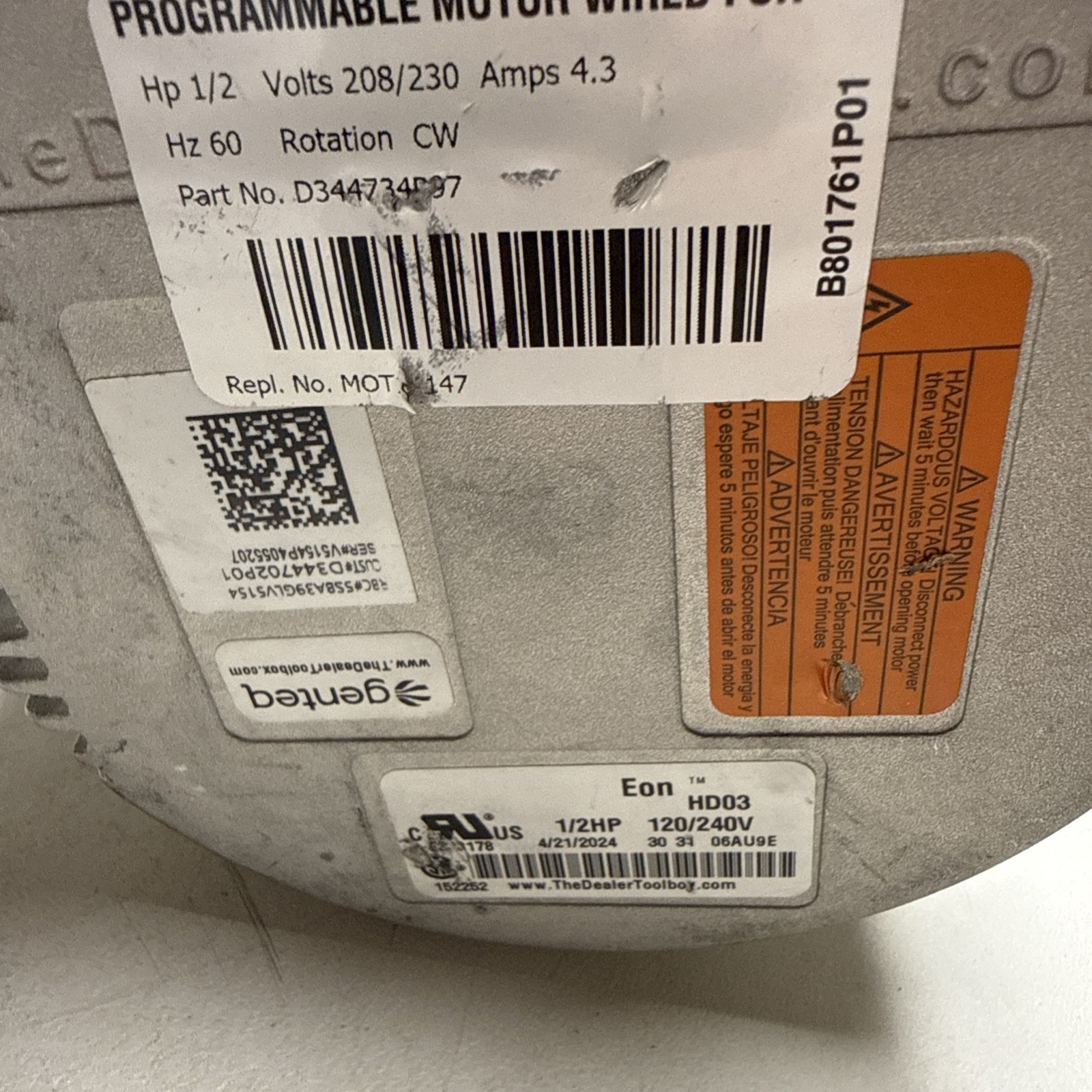 Genteq Trane Eon Programmable Motor 1/2hp 120/240v 5SBA39GL V5154 B801761P01