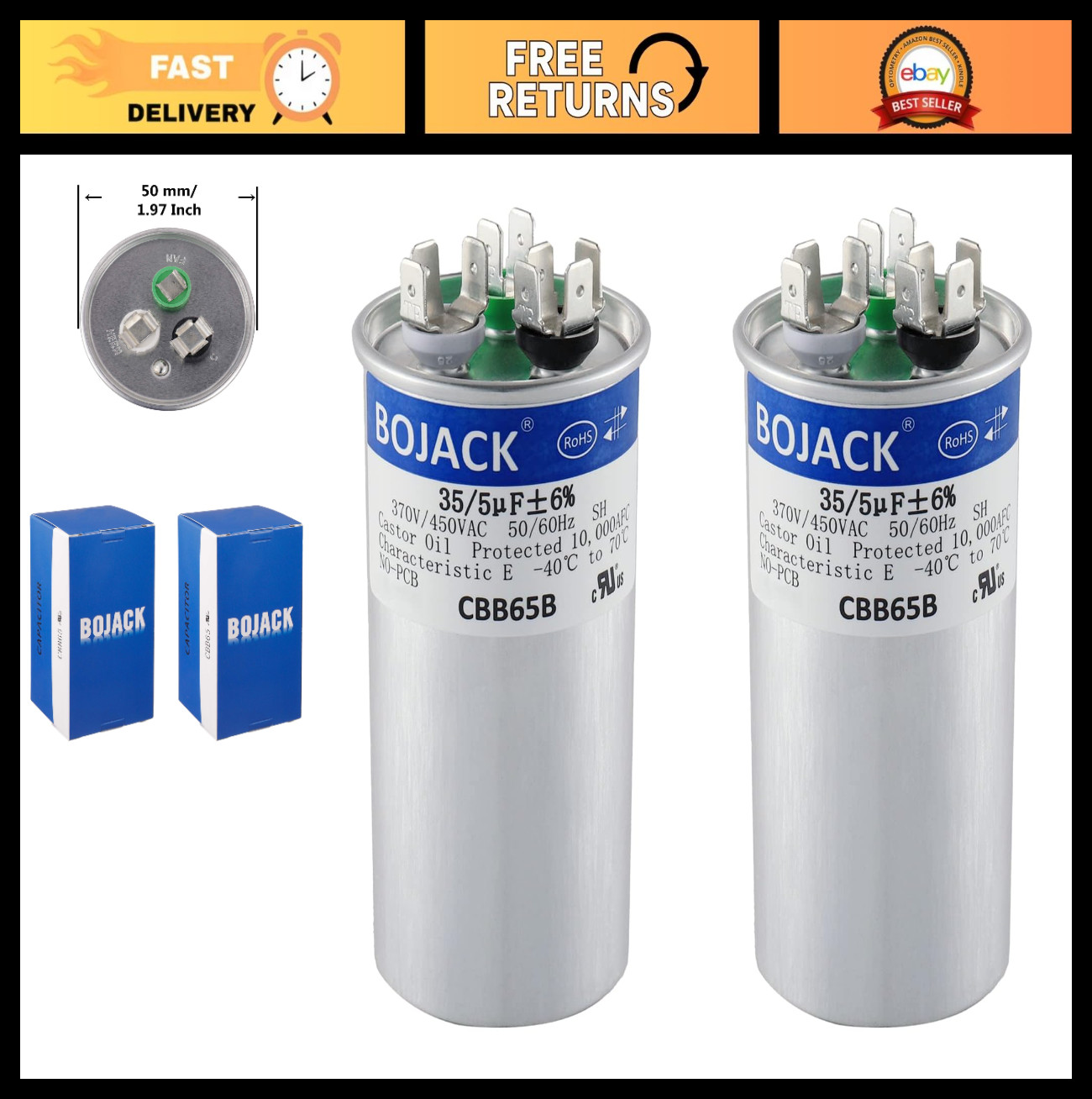 2 Pcs 35+5uF Dual Run Capacitor 370V/440V for AC Motor, Fan, Condenser