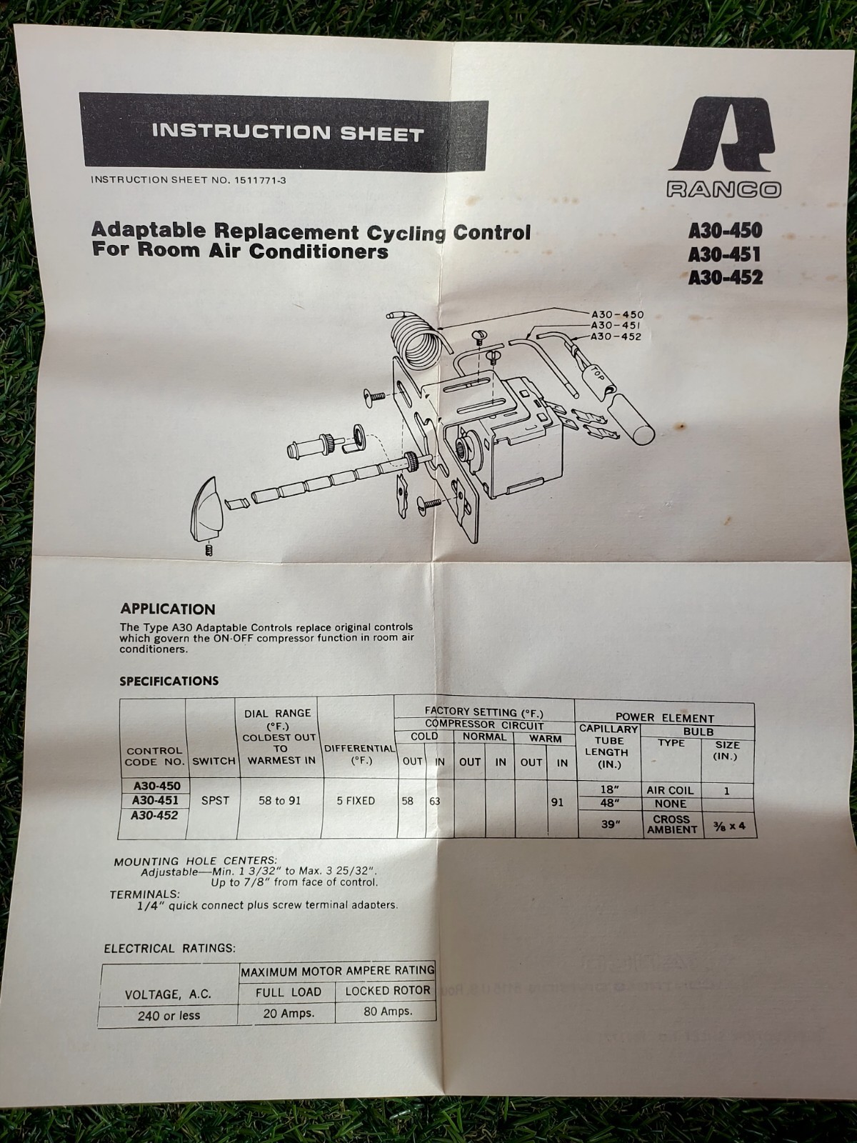 Ranco A30-451 Adaptable A/C Control, GC-702 (NOS)