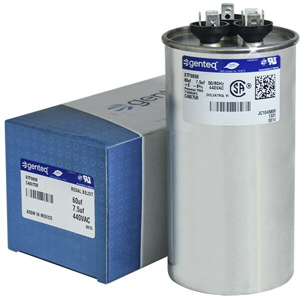 GE / Genteq 60 + 7.5 uf 440 VAC Round Dual Run Capacitor C46075R 97F9898