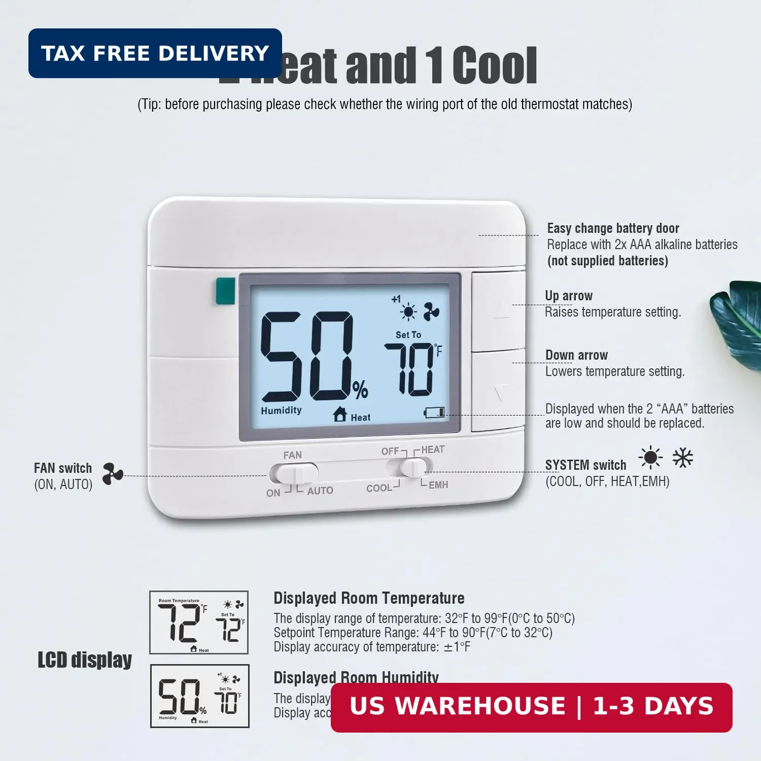 Aowel 2 Heat/ 1 Cool Non-Programmable Thermostat for Home Heat Pump System and C