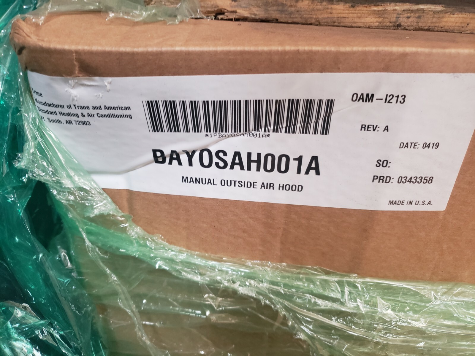 TRANE AMERICAN STANDARD BAYOSAH001A Fresh Air Kit Manual Damper Outside Air Hood