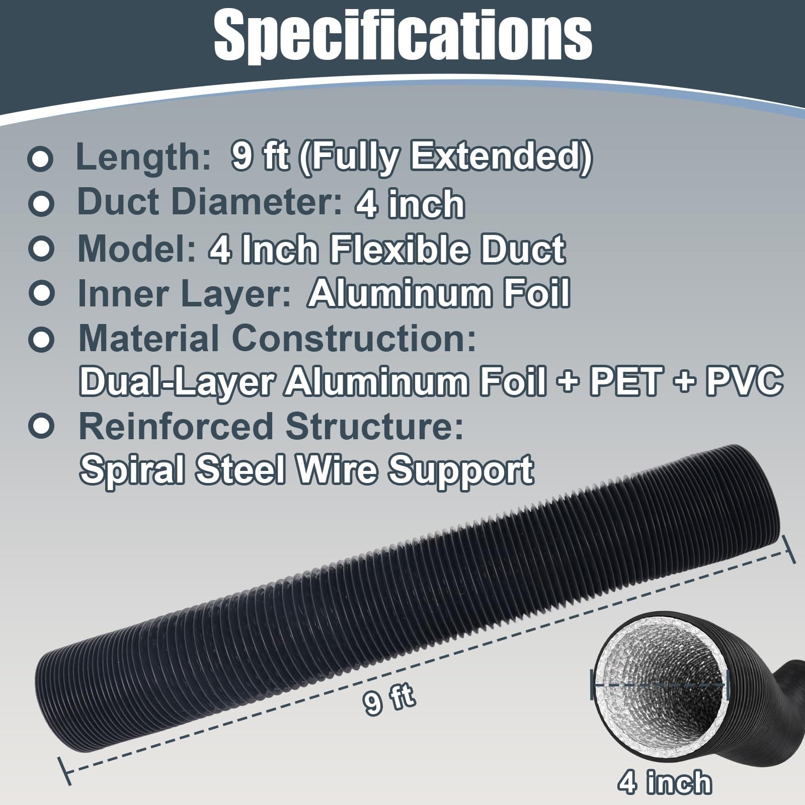4 Inch Dryer Vent Hose, 9 FT Flexible 9ft Hose-Black, Black