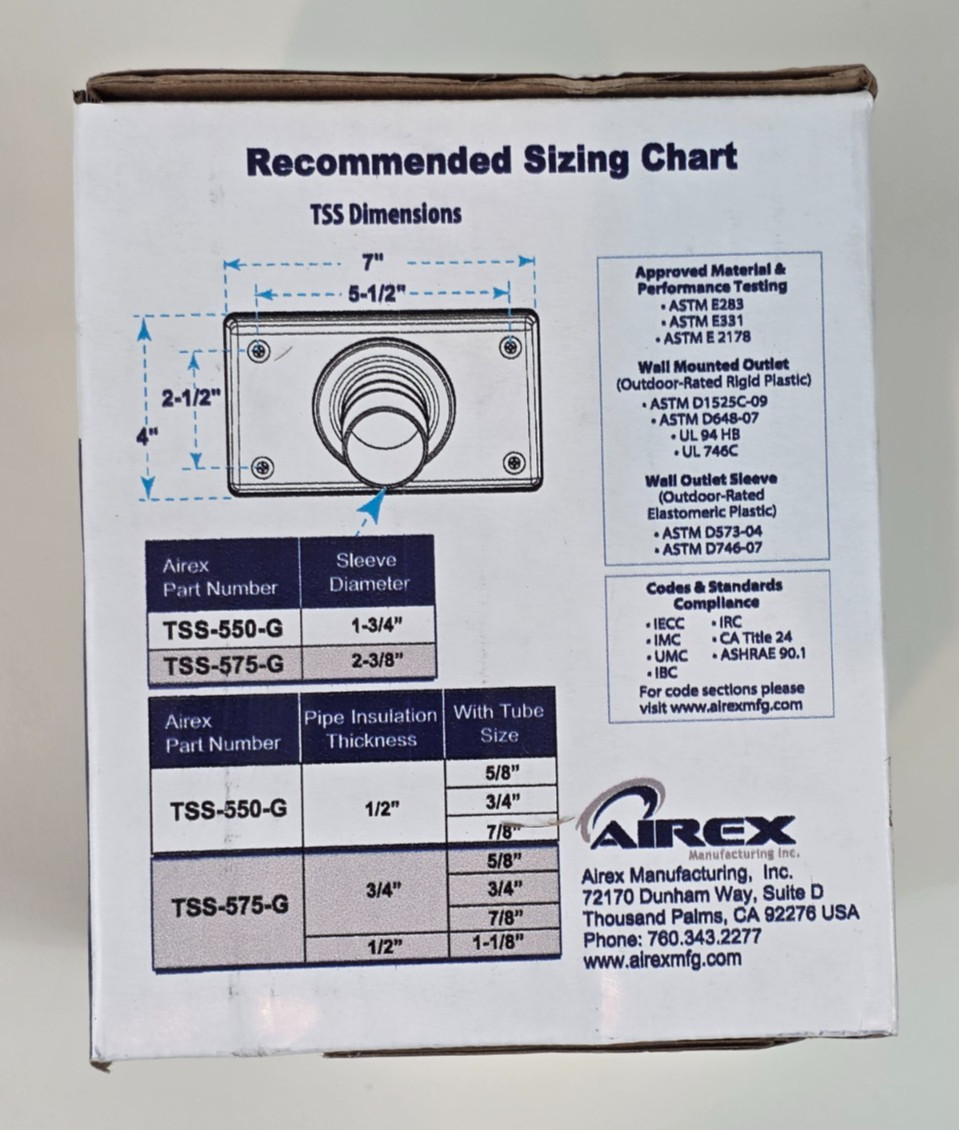 Airex Titan Outlet TSS-550-W HVAC Wall Penetration Line Set Seal White Siding