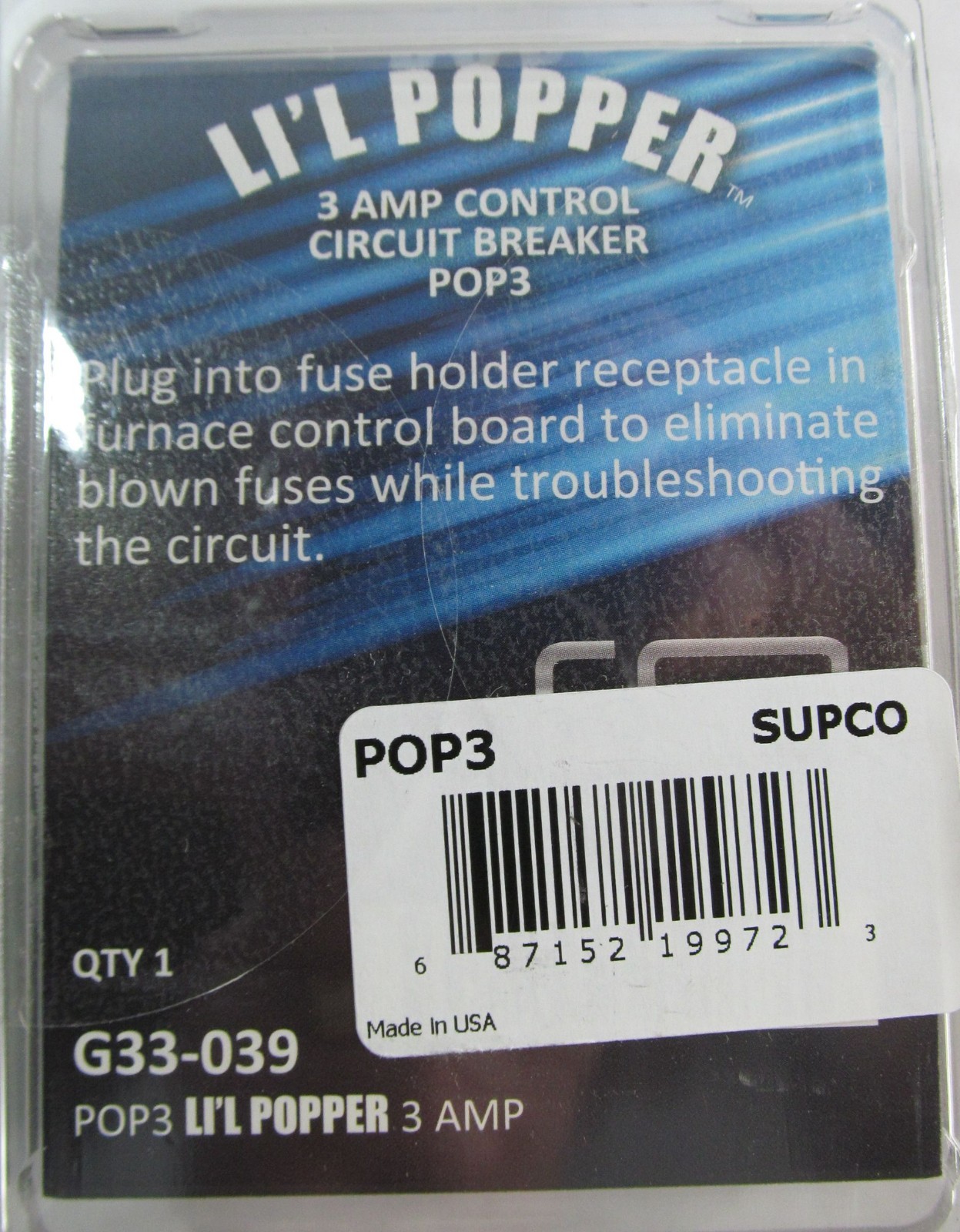 SUPCO ESP G33-039 POP3 LI’L POPPER CONTROL CIRCUIT BREAKER 3-AMP FURNACE/ HVAC