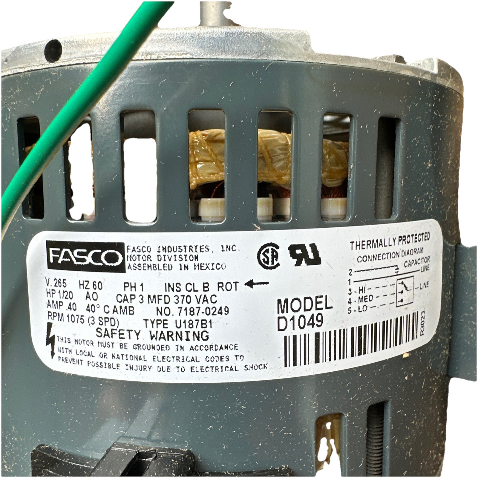 New Fasco Condenser Fan Motor D1049, 265V AC, 1/20 HP, 1075 RPM, 42 Frame, 1 PH