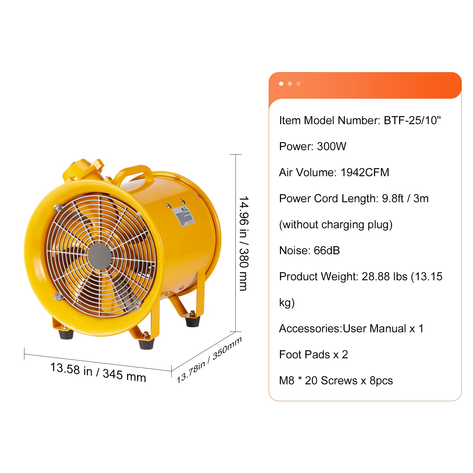 VEVOR 10″ Extractor Fan Blower Portable 9.8ft Power Cord Ventilator Industrial