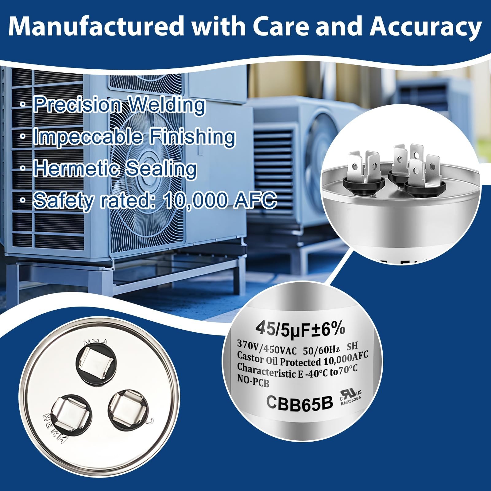 Dual Run Capacitor 45/5 MFD 370V 440VAC CBB65B for AC Motor & Fan Start 60x100mm