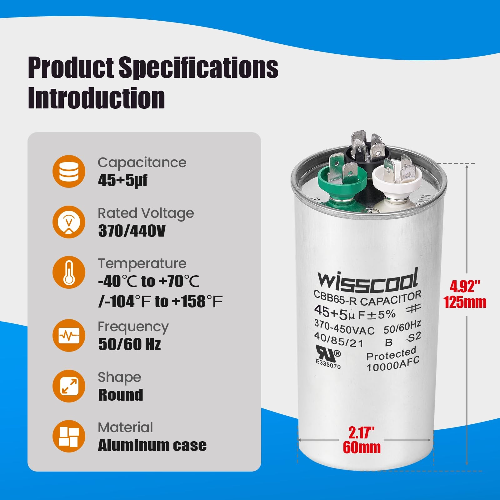 WISSCOOL UL 45+5uF 45/5 MFD ±5% 370V/440VAC CBB65 AC Capacitor CBB65B Round…