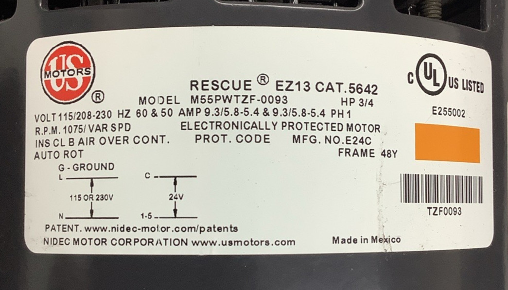 U.S. Motors 5642 Rescue EZ13 Blower Motor 3/4HP 1075RPM 115/208-230VAC (R106)