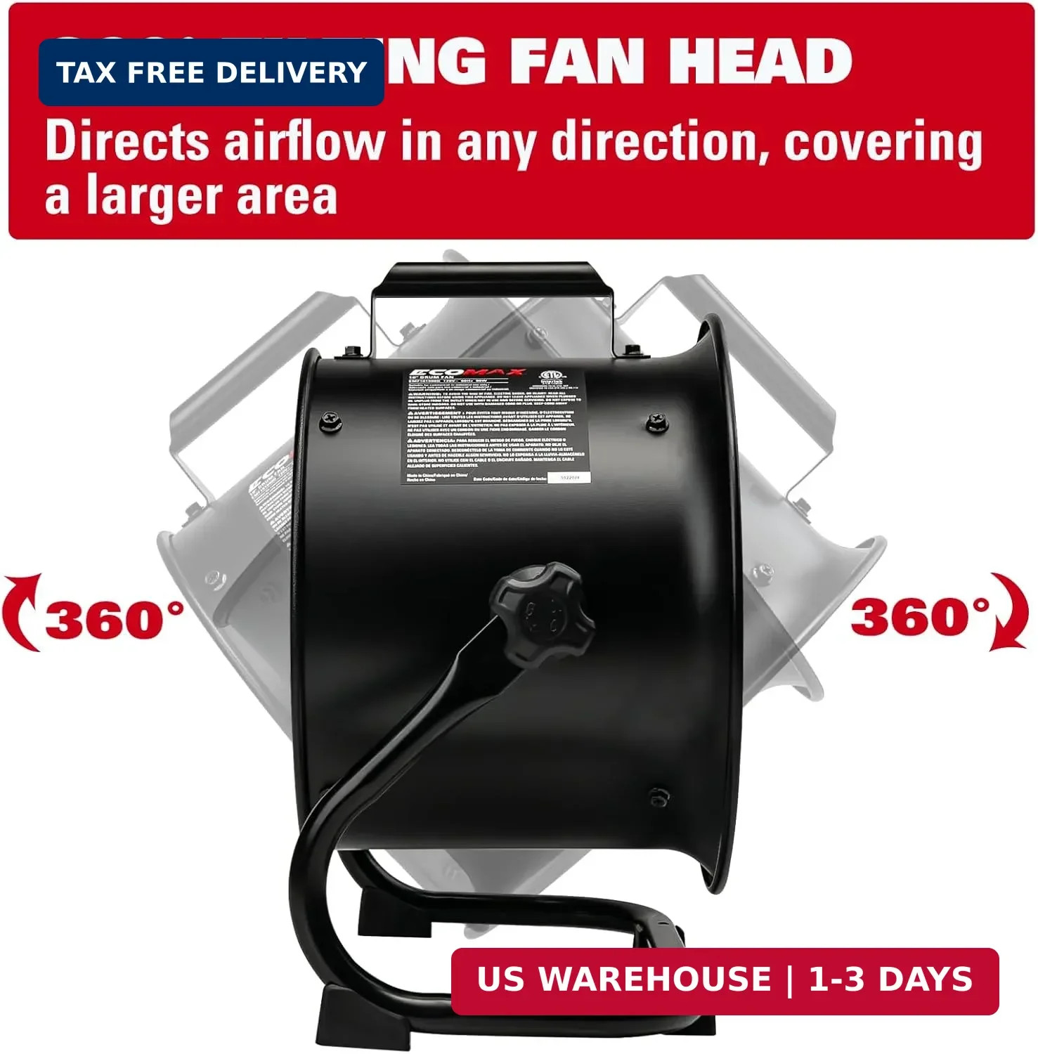 ECOMAX 10-Inch Drum Fan, 900CFM 3-Speed Industrial Floor Fan with 360° Tilt Head
