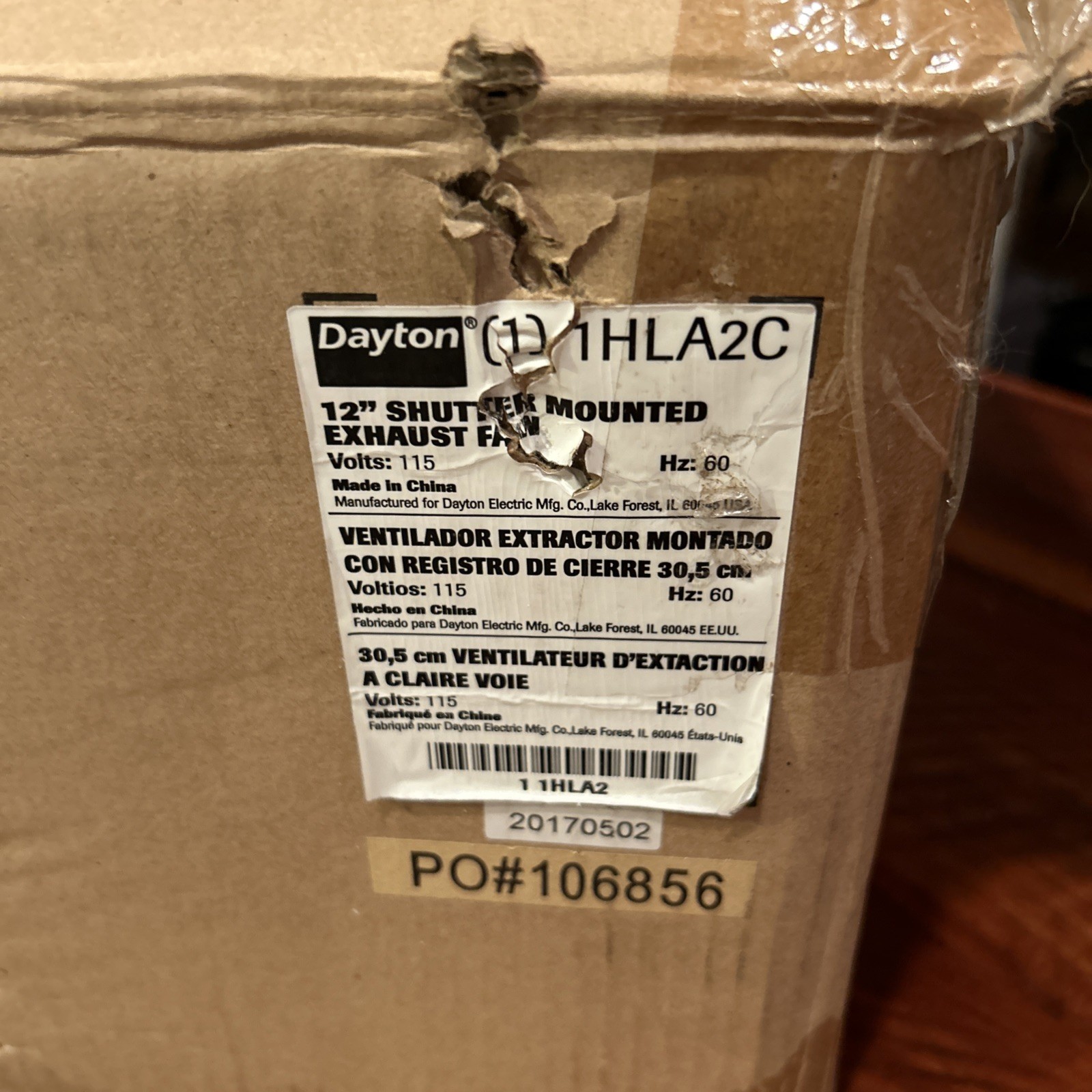 DAYTON – 1HLA2C Shutter Mount Exhaust Fan 12 in Blade Totally Enclosed 1/20 hp