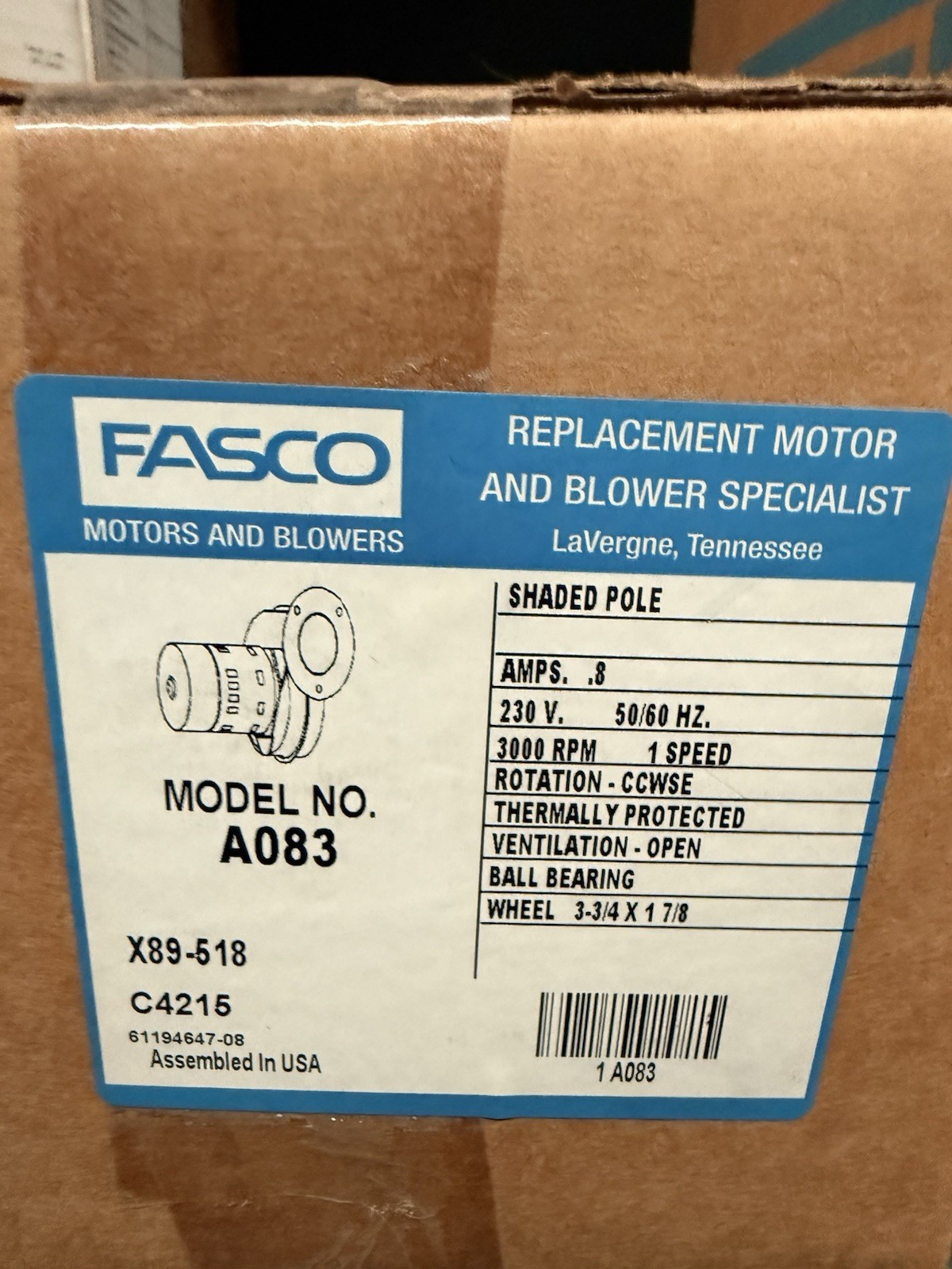 Fasco A083 York Centrifugal Blower 230 Volts