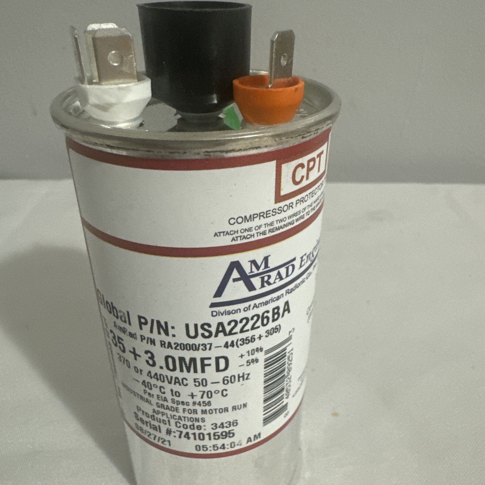 AmRad USA2226BA Round Run Capacitor 35+3 uF MFD 370 / 440 Volt Made in USA