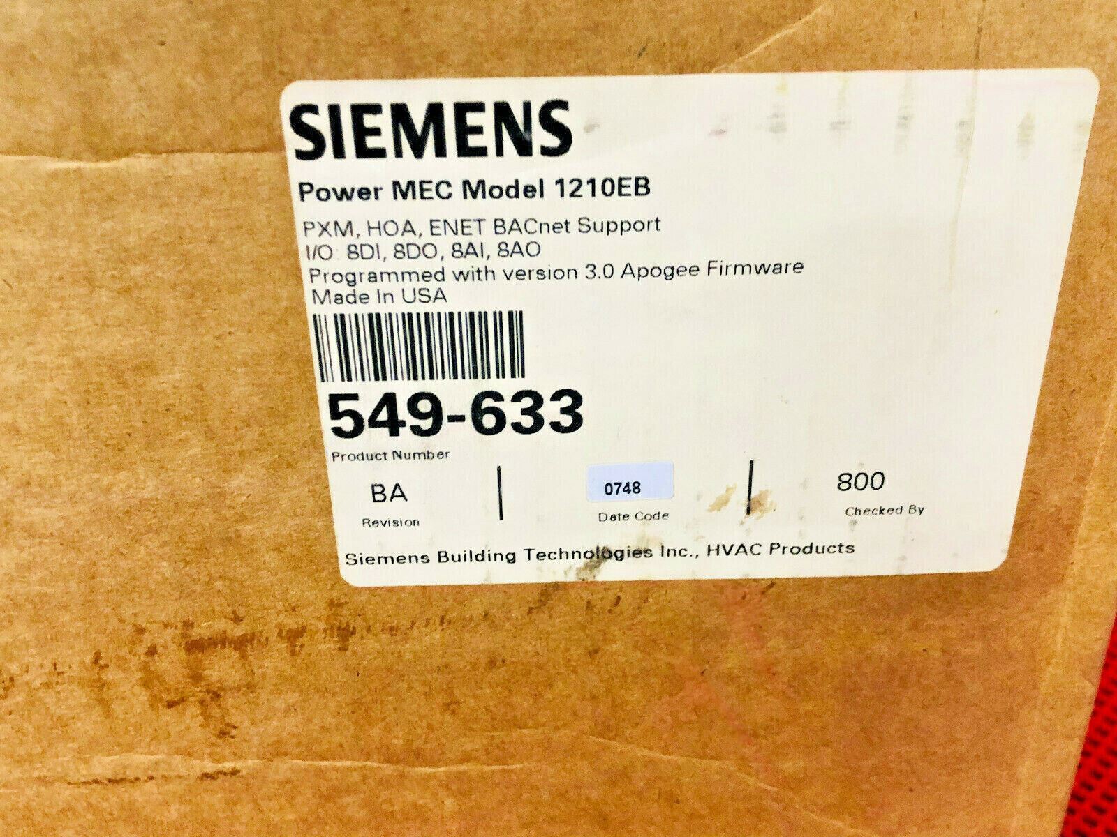 Siemens 549-633 Power MEC Model 1210EB, Apogee Firmware, Pxm, HOA, Enet, Bacnet