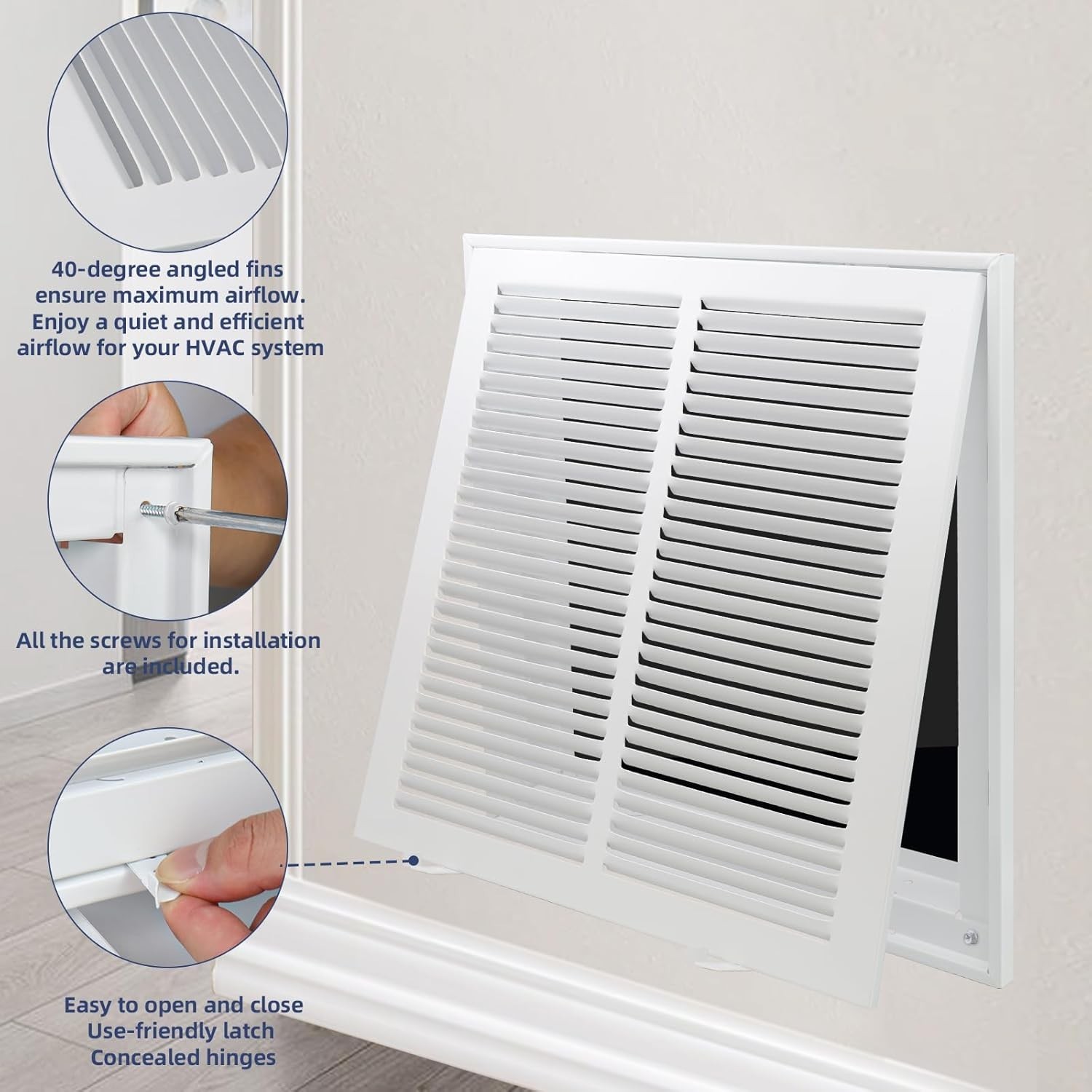 16 x 16 Inch Steel Return Air Vent Cover, Duct Opening 16 x 16”, holds 1″ filter