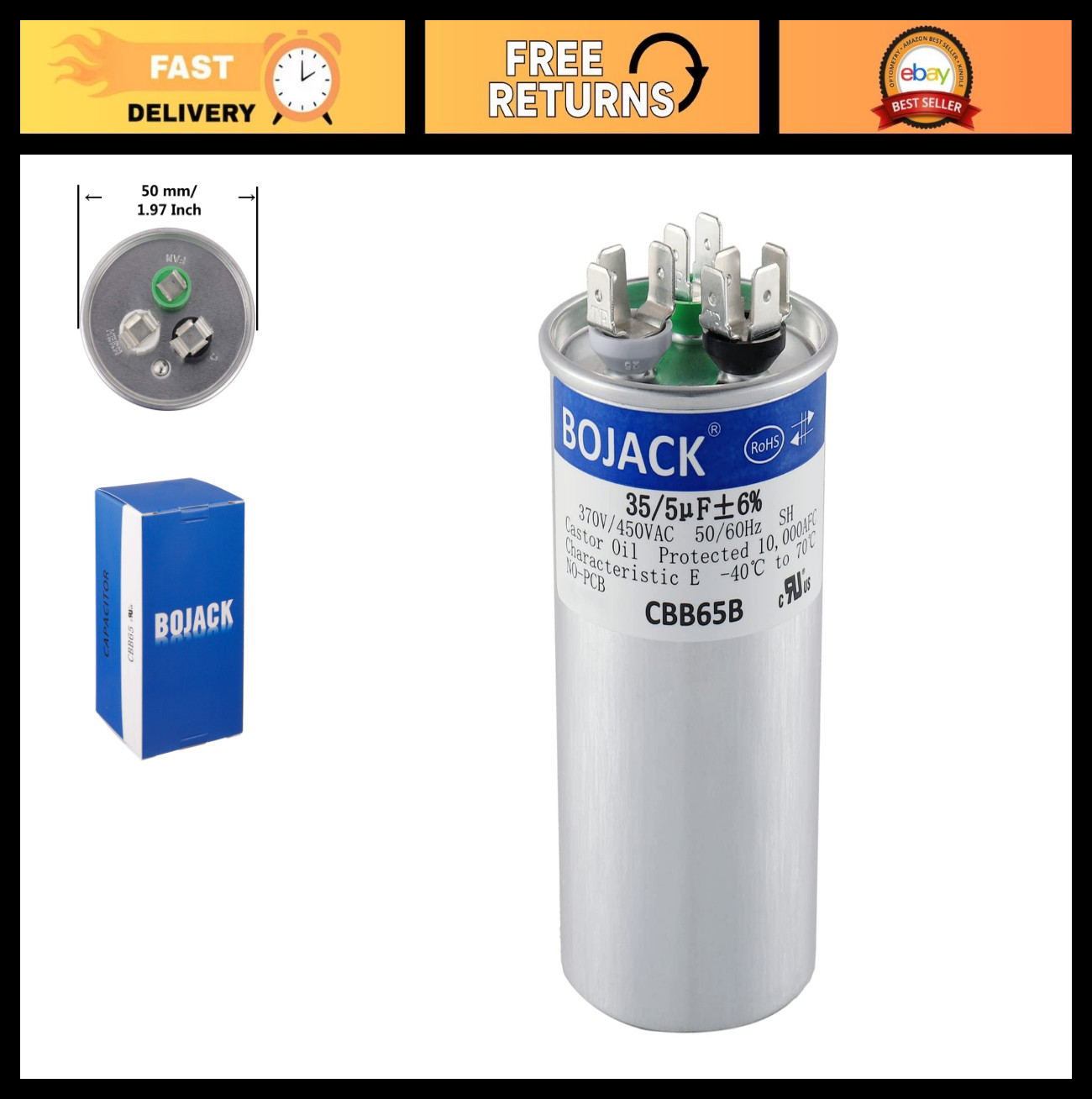 35+5uF Dual Run Capacitor 370V/440V CBB65 for AC Motor, Fan Start, Condenser