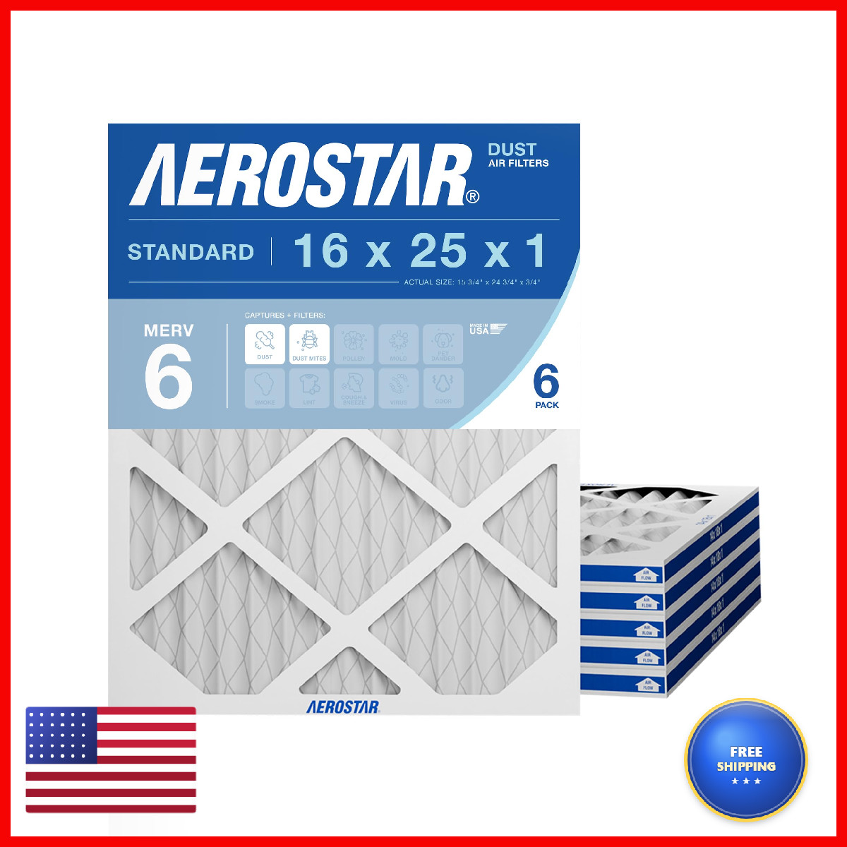 Aerostar 16X25X1 Merv 6 Pleated Air Filter Ac Furnace Air Filter 6 Pack Actual