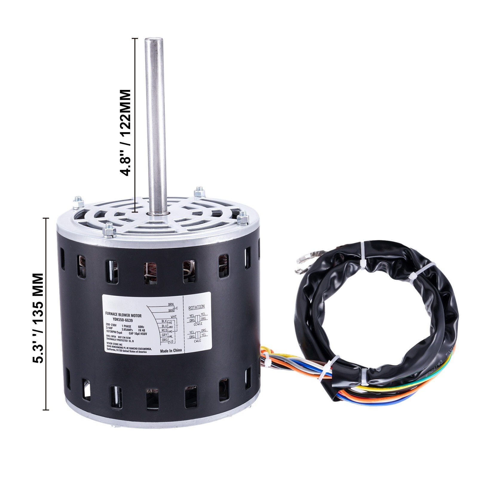 3/4HP Furnace Blower Motor 208-230V 3.85A 1075RPM 5 Speeds CW/CCW Rotation