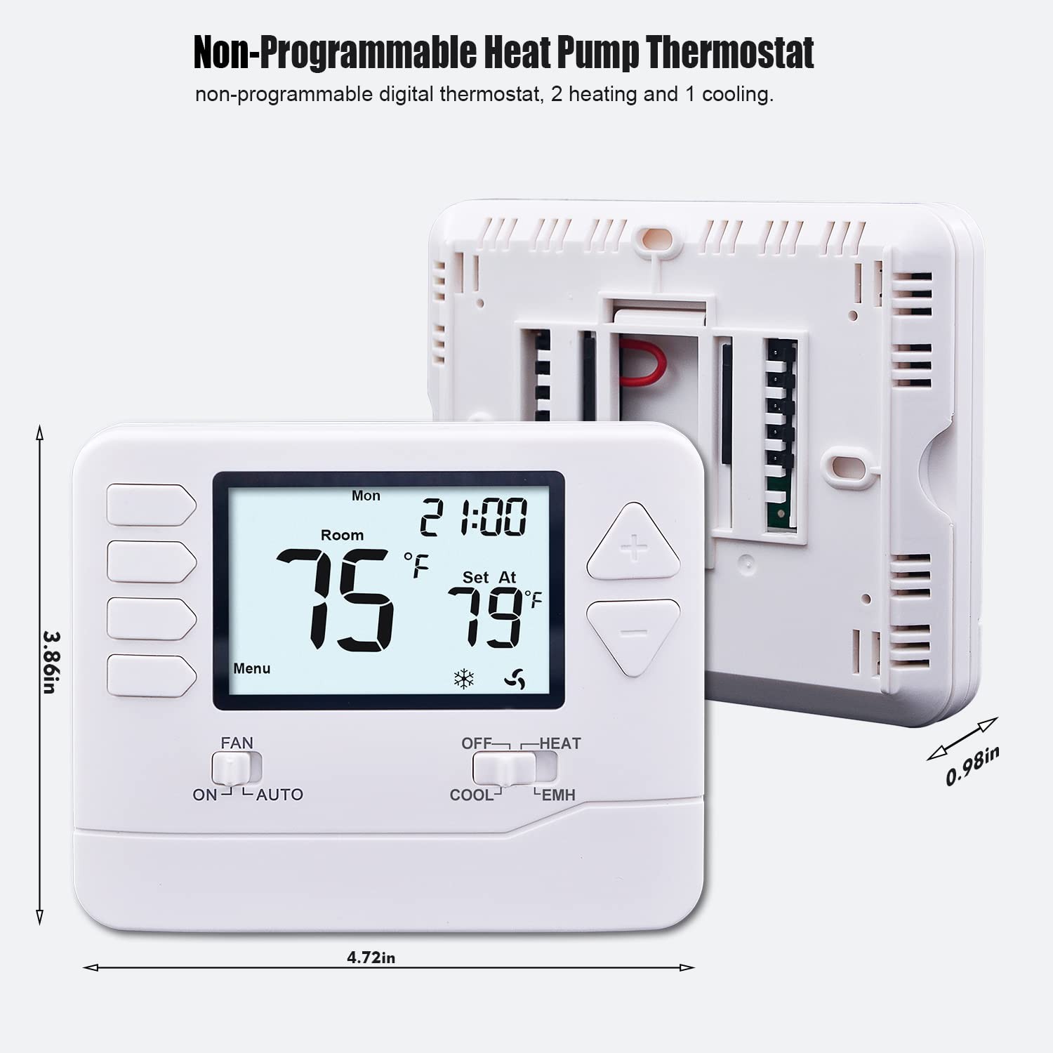 Heagstat H721 Non-Programmable Heat Pump Thermostat, 2 Heat/1 Cool, White