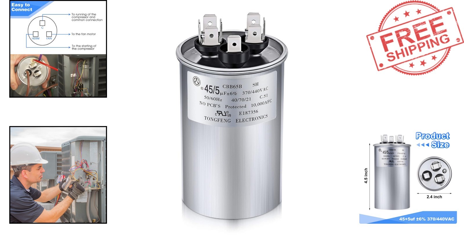 Durable 45/5 µF Round Capacitor – 370V/440V for HVAC Applications, Certified