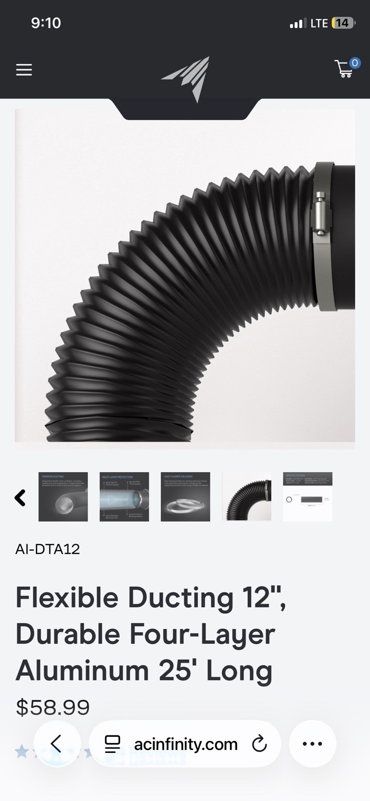 AC Infinity AI-DTA12 Flexible Round Duct Hose 12 in x 25 ft Black – MSRP $58.99