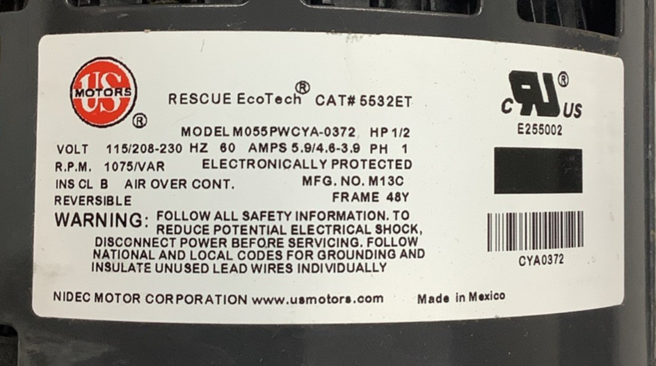 U.S. Motors 5532ET Rescue EcoTech Blower Motor 1/2HP 1075RPM (R106)