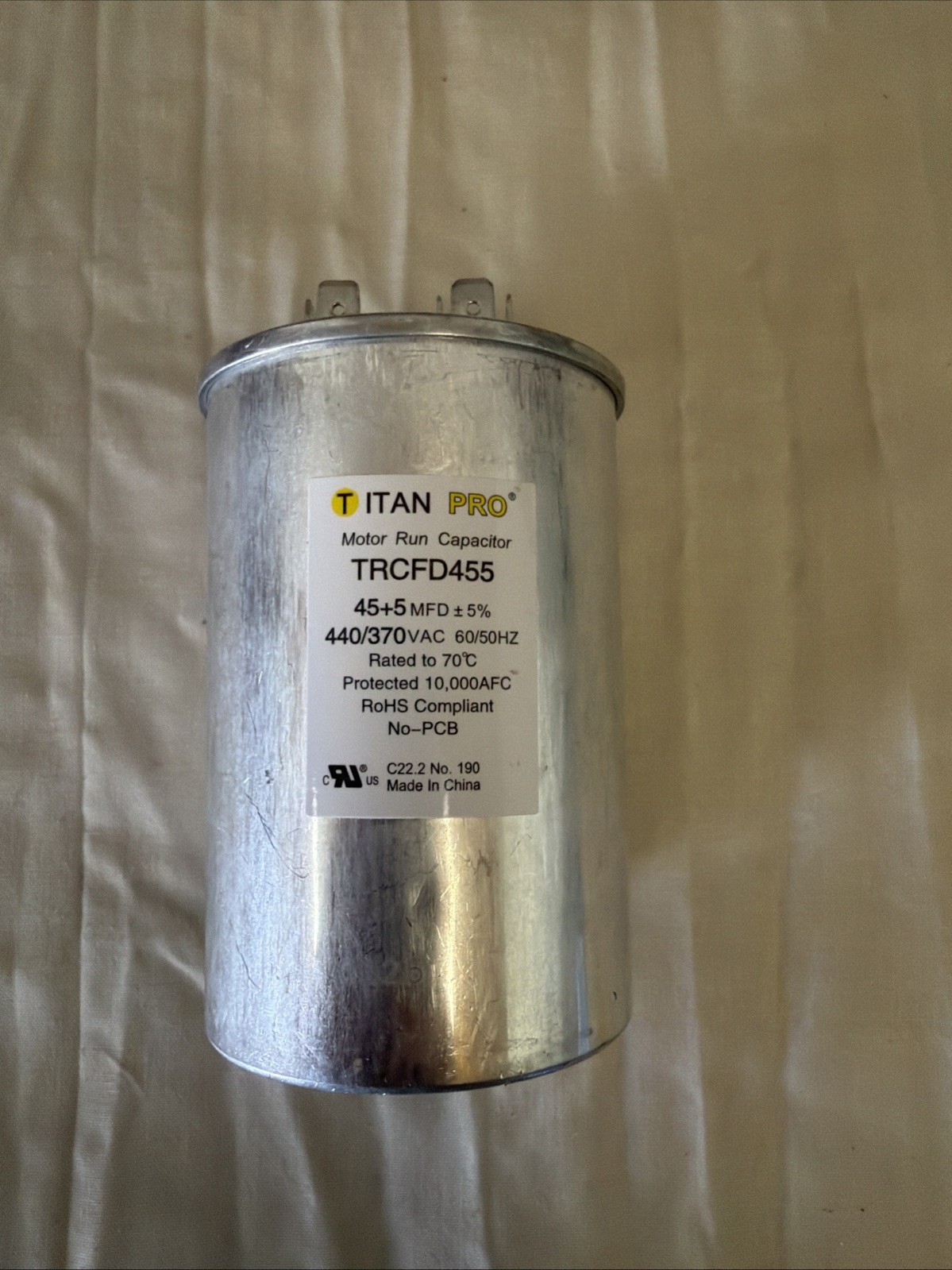 Titan Pro Motor Run Capacitor TRCD455 Model TRCD455 45+5 MFD 370V 60/50Hz