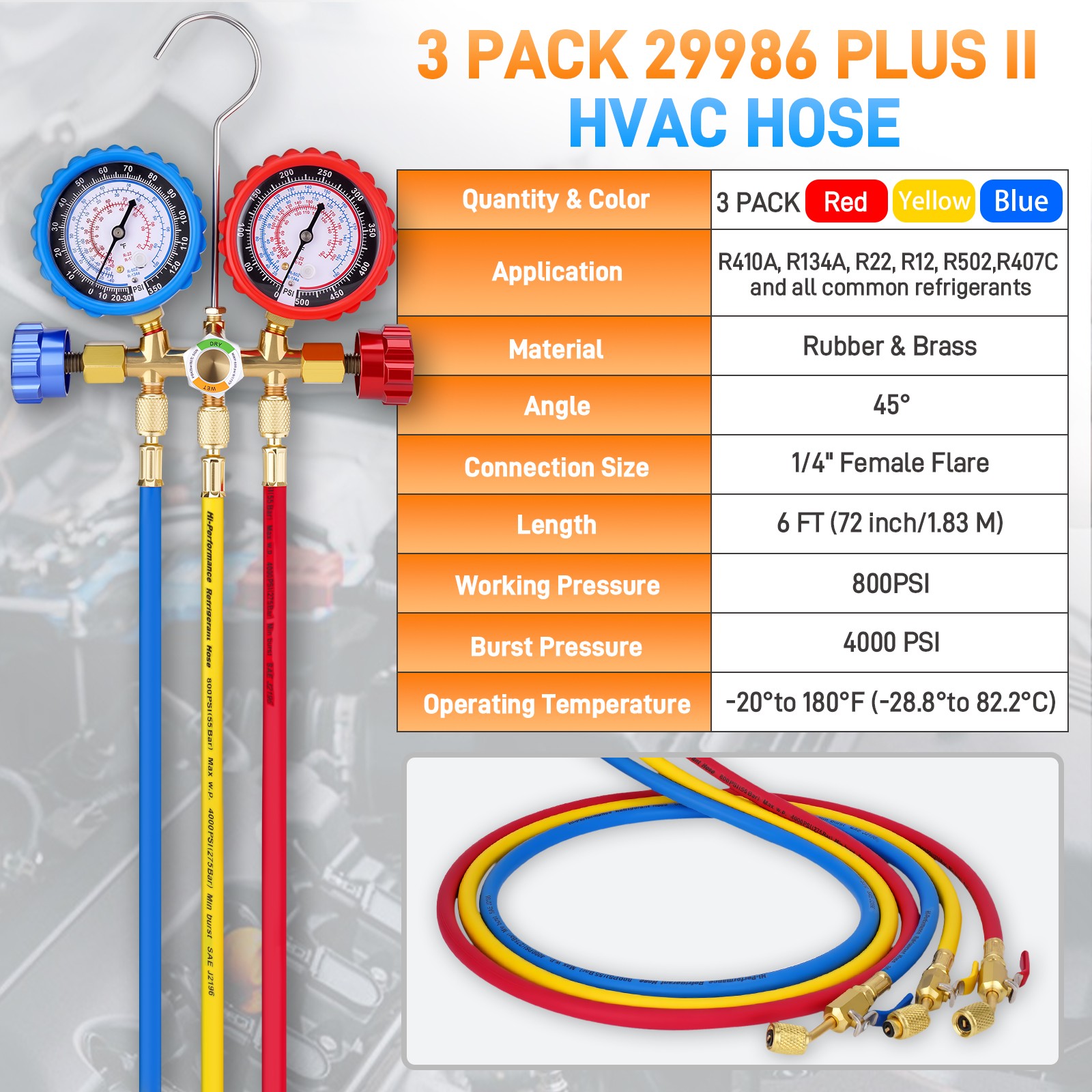 3 Pack 29986 Plus II 1/4″ HVAC Refrigerant Hose Set 72″ Low Loss Hoses for R410A