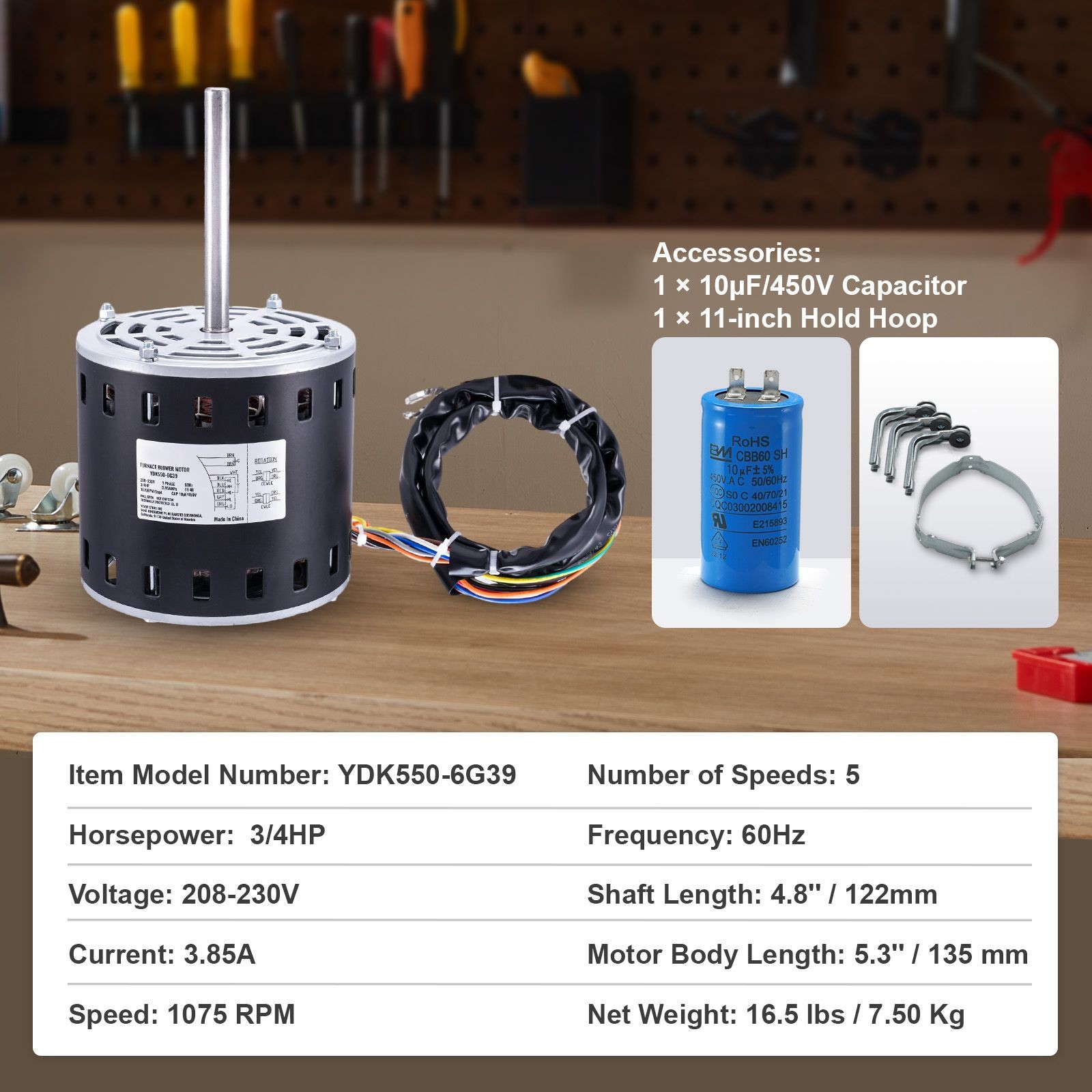 3/4HP Furnace Blower Motor, 208/230V 3.85Amps, 1075RPM 5 Speeds, CW/CCW Rotation
