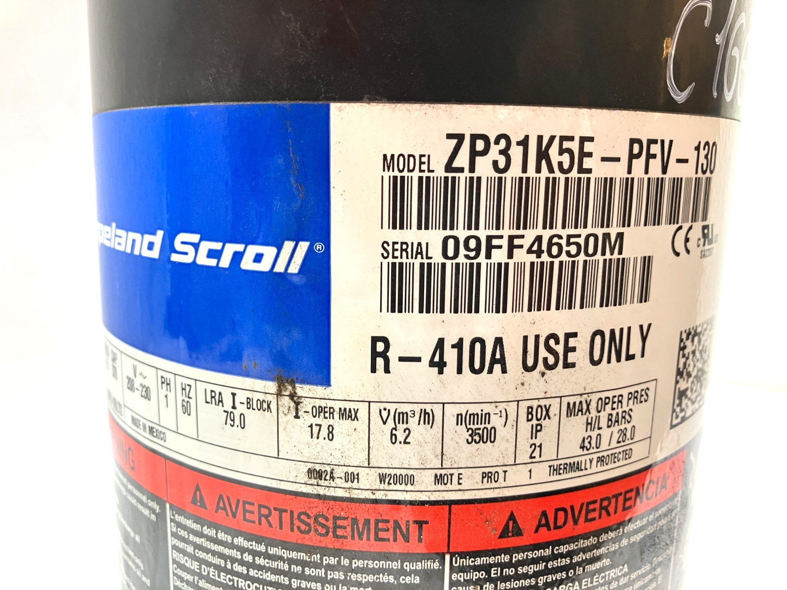 Copeland 2.5 Ton Scroll Compressor ZP31K5E-PFV-130 R410A 208/230V 1 PH used C166
