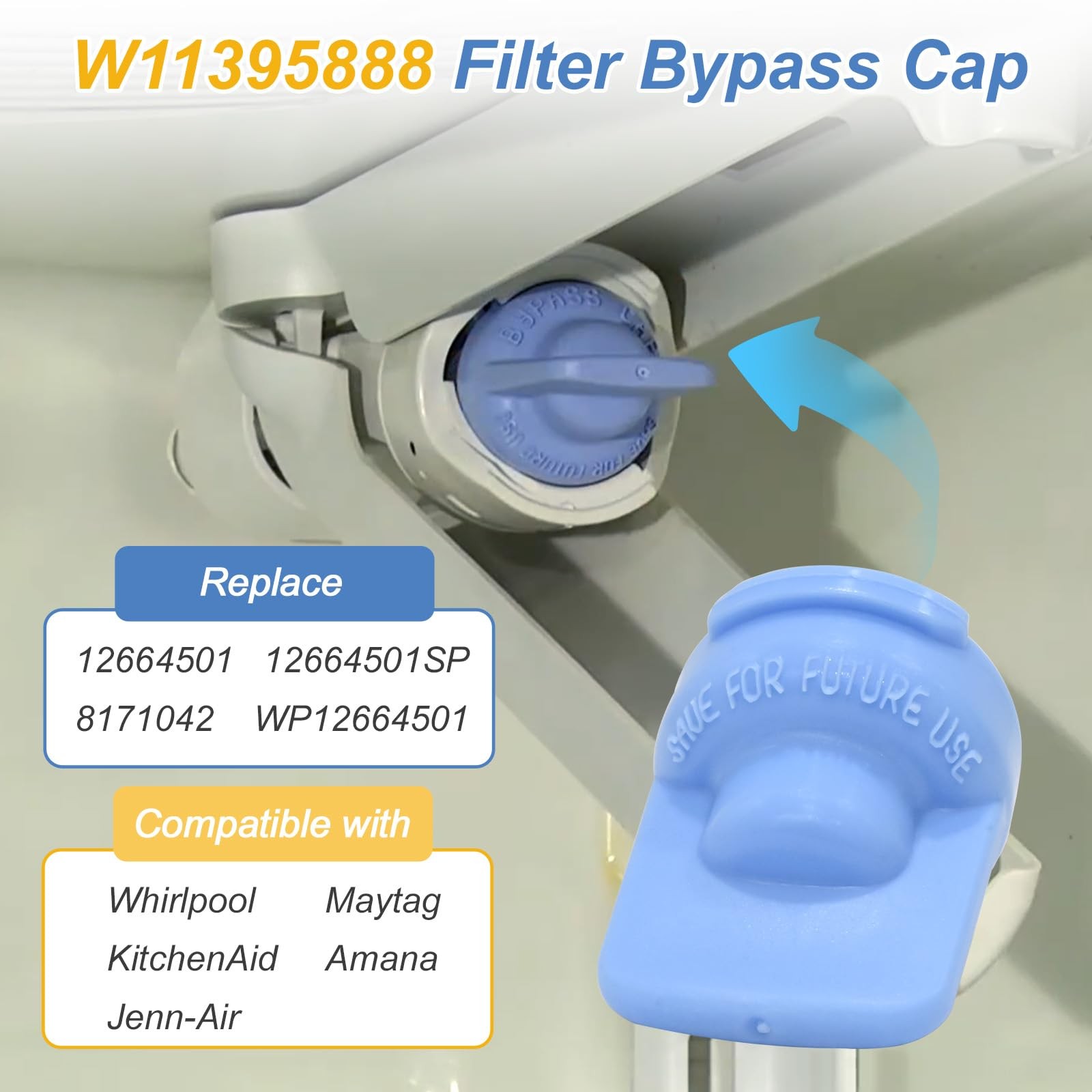 WP12664501 W11395888 12664501SP For Whirlpool Filter Bypass Cap plugs Blue